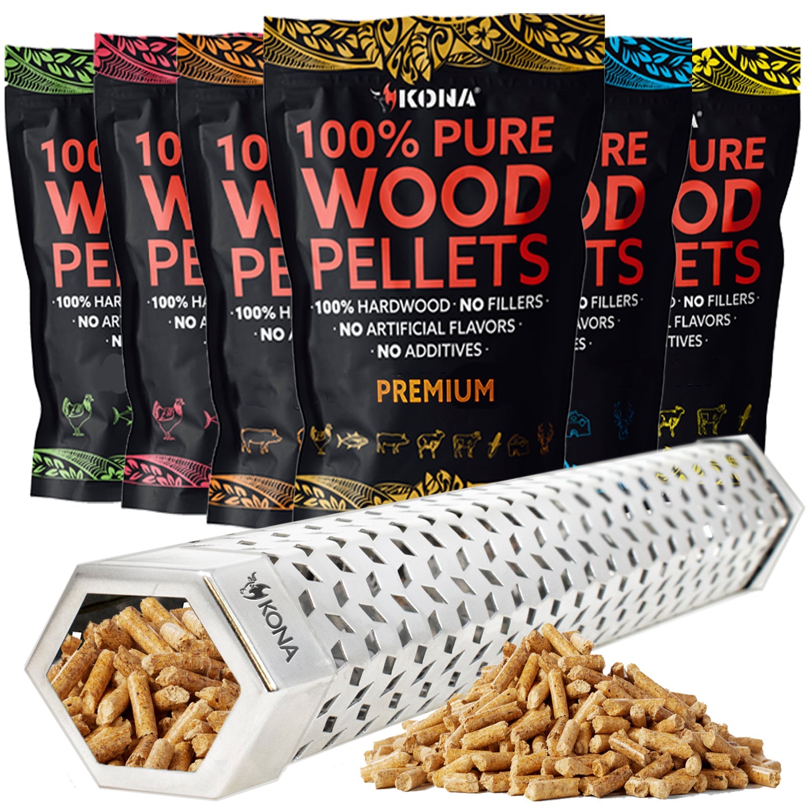 Kona Wood Smoker Tube & Bold Flavor Smoking Pellets Set -12 Inch Hexagon & Set of 6 -1 Pound Variety Pellets Pack (6 pounds Total)