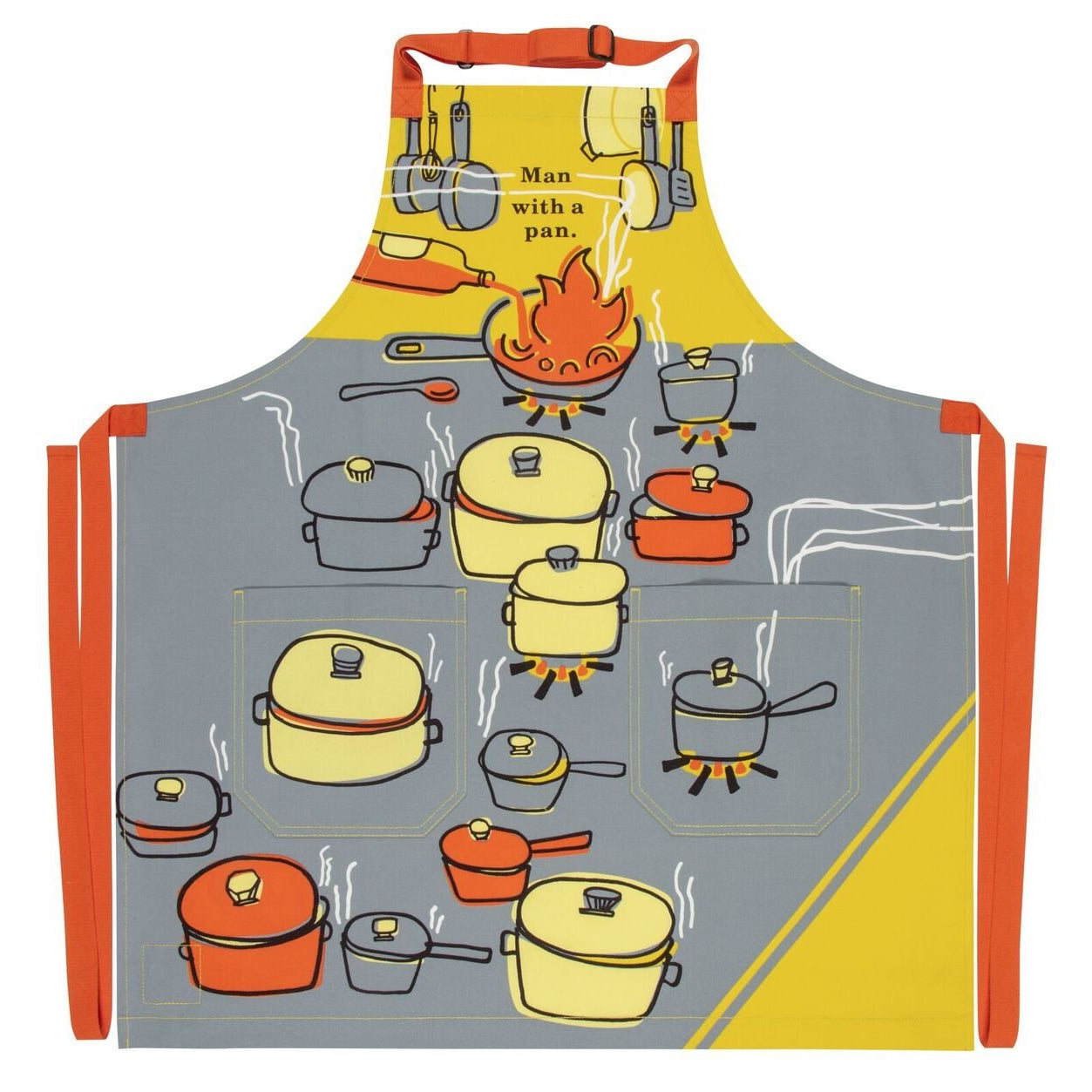 Last Call! Man With A Pan Apron Funny Cooking and BBQ Apron Men's Gift 2 Pockets Adjustable Strap 100% Cotton | BlueQ at GetBullish