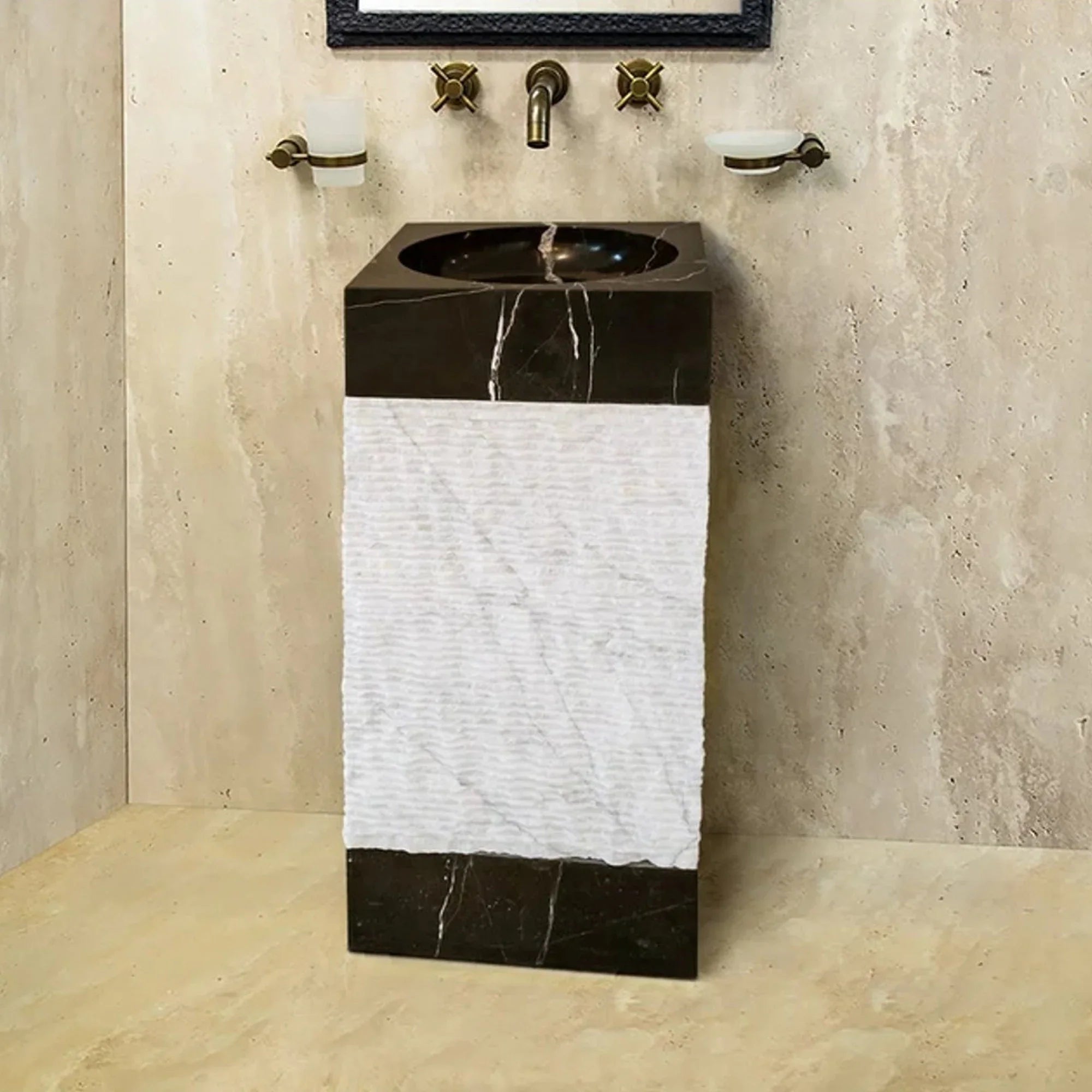 Natural Stone 3 piece Marble Pedestal Stand-alone Sink Toros Black-Carrara White