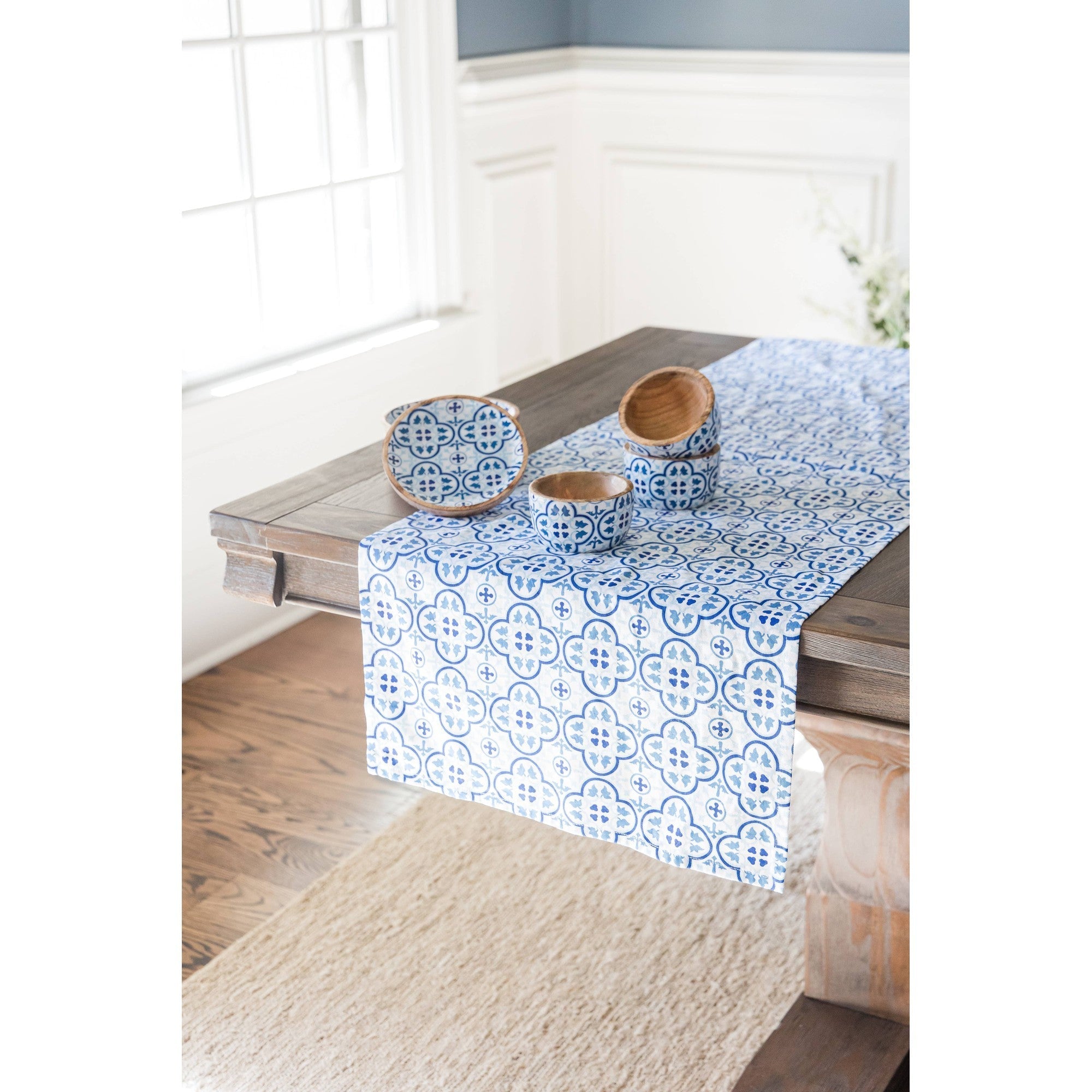 Moroccan Table Runner in Blue White Colors | Geometric Tile Pattern Cotton Mat