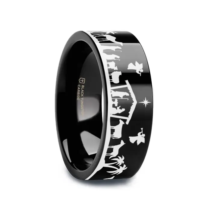 NATIVITY SCENE on Black Flat Tungsten Carbide Ring