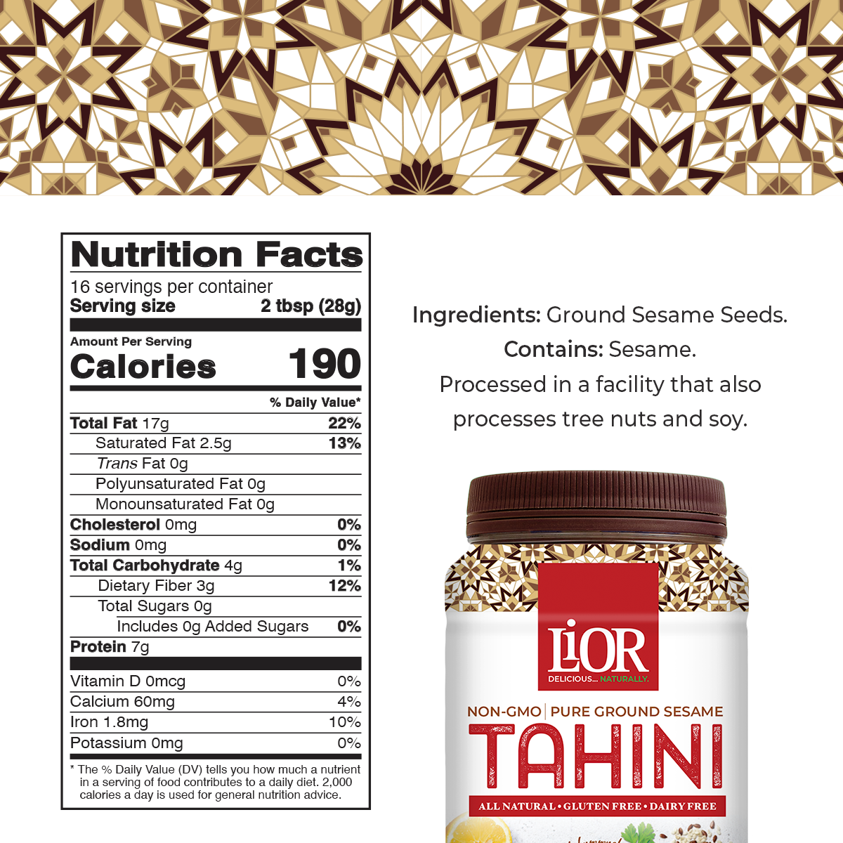 Tahini, Pure Stone Ground Sesame Butter, LiOR