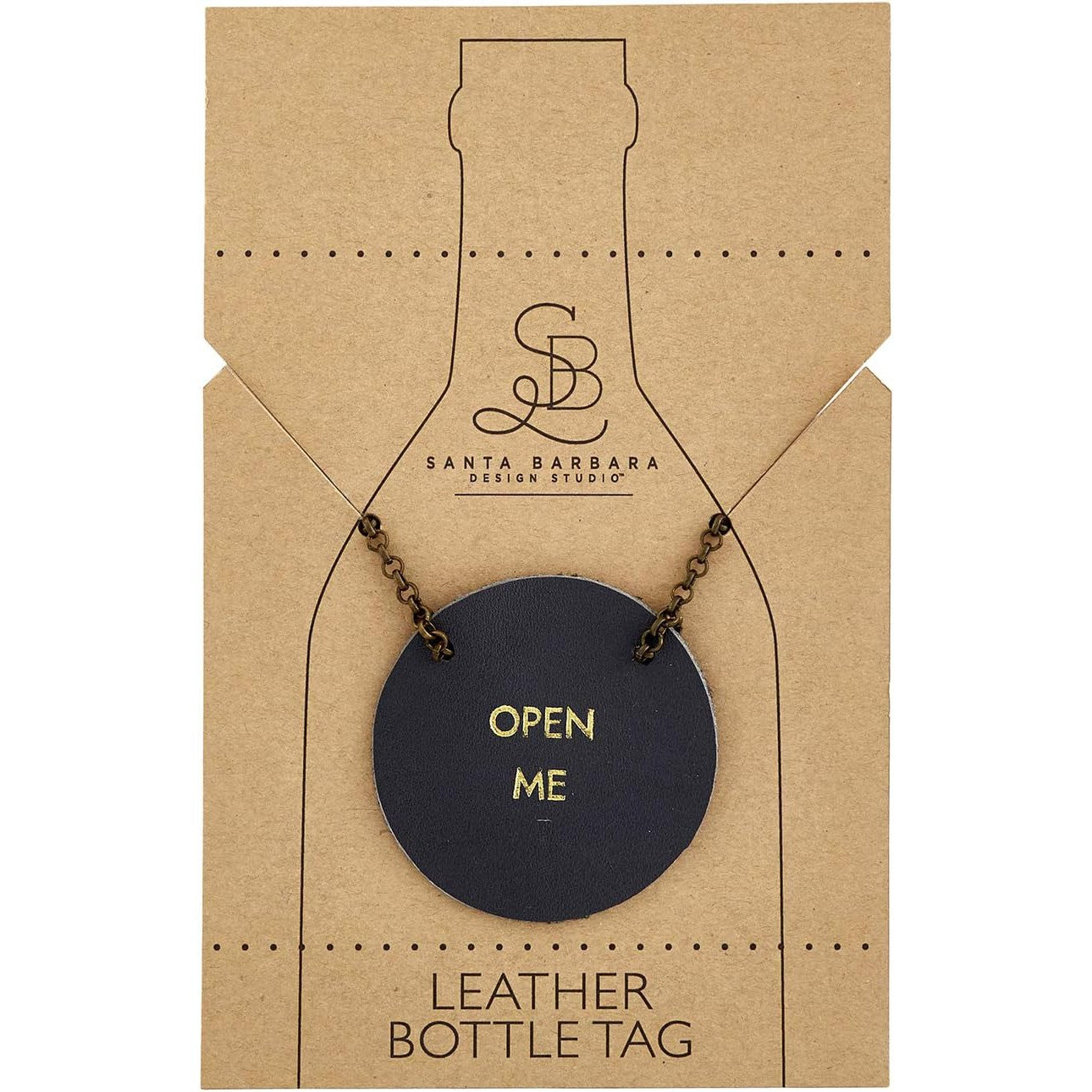 Open Me Leather Wine Bottle Tag in Black | Wine Gift Label Accessory | 2"