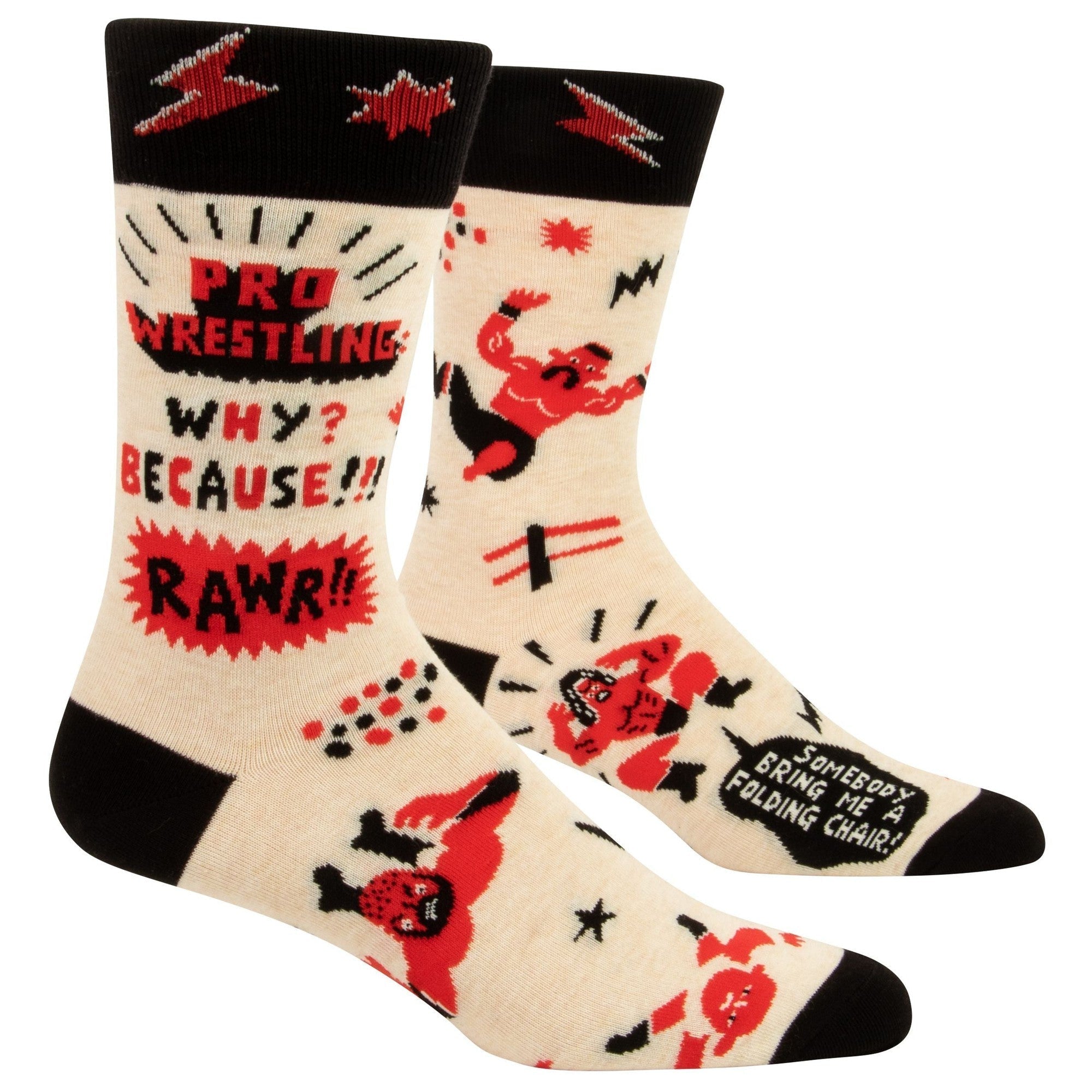 Pro Wrestling! Why? Because!!! RAWR!!! Men's Crew Socks | BlueQ at GetBullish