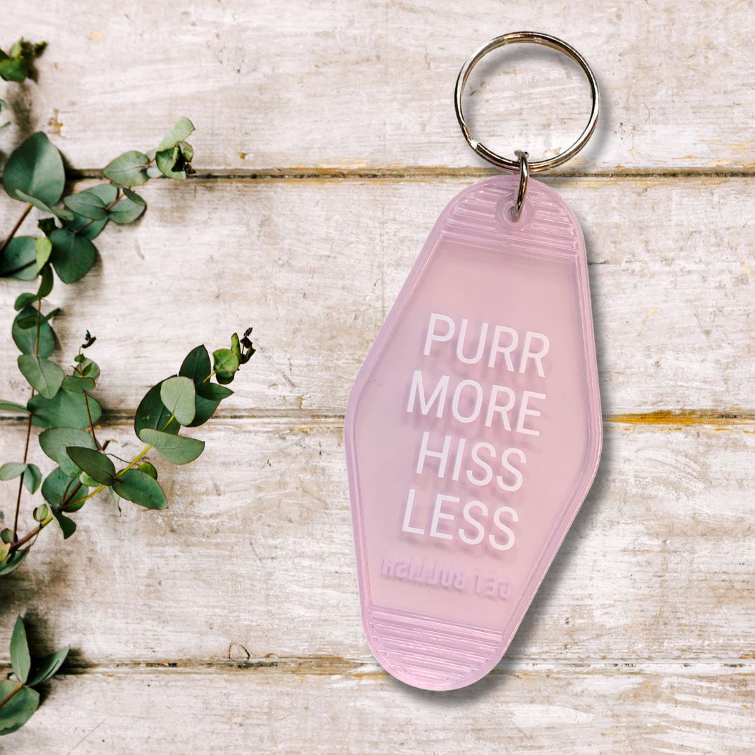 Purr More Hiss Less Motel Style Keychain in Pink Translucent