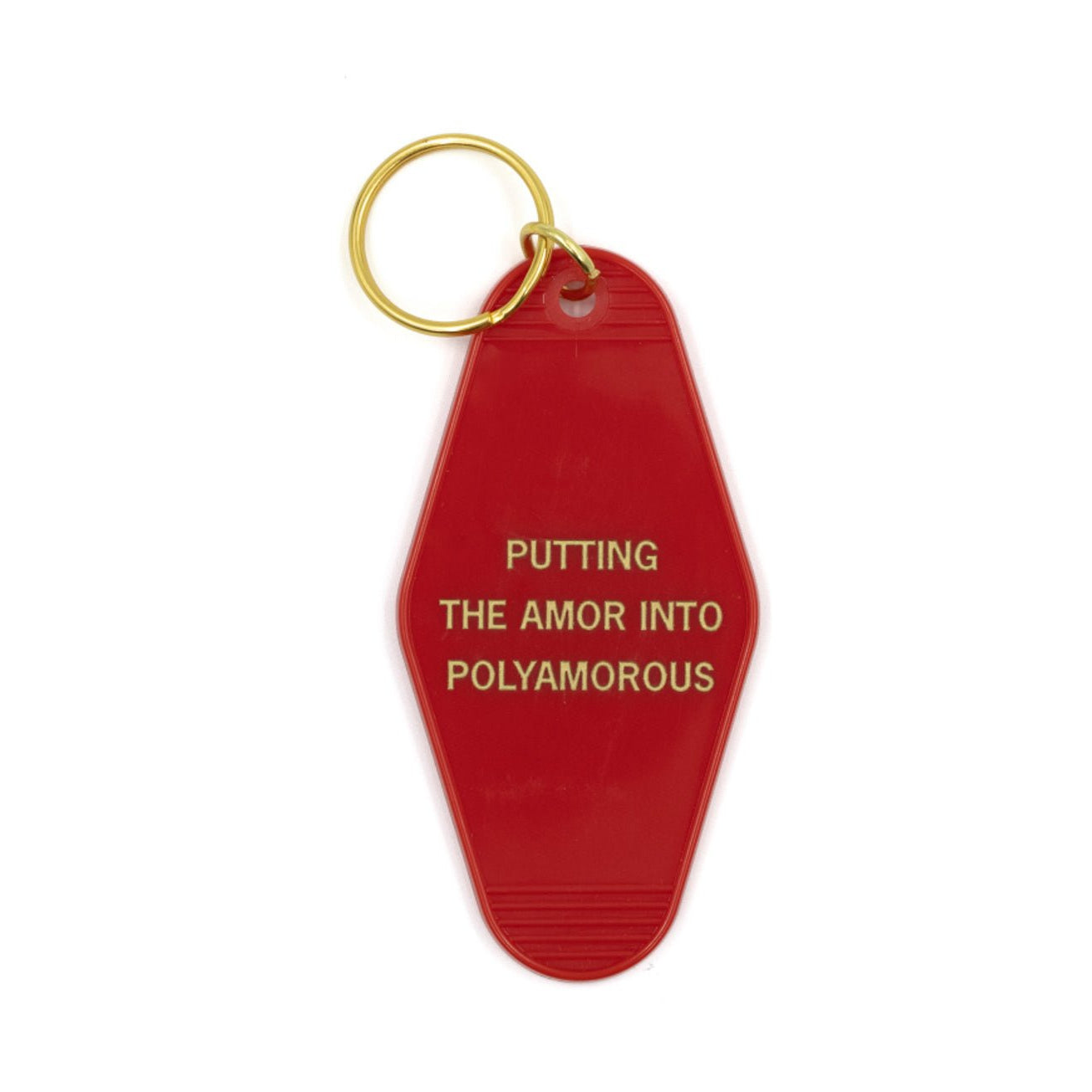 Putting the Amor in Polyamorous Motel Style Keychain in Red and Gold | Polyamory Themed Funny Key Tag
