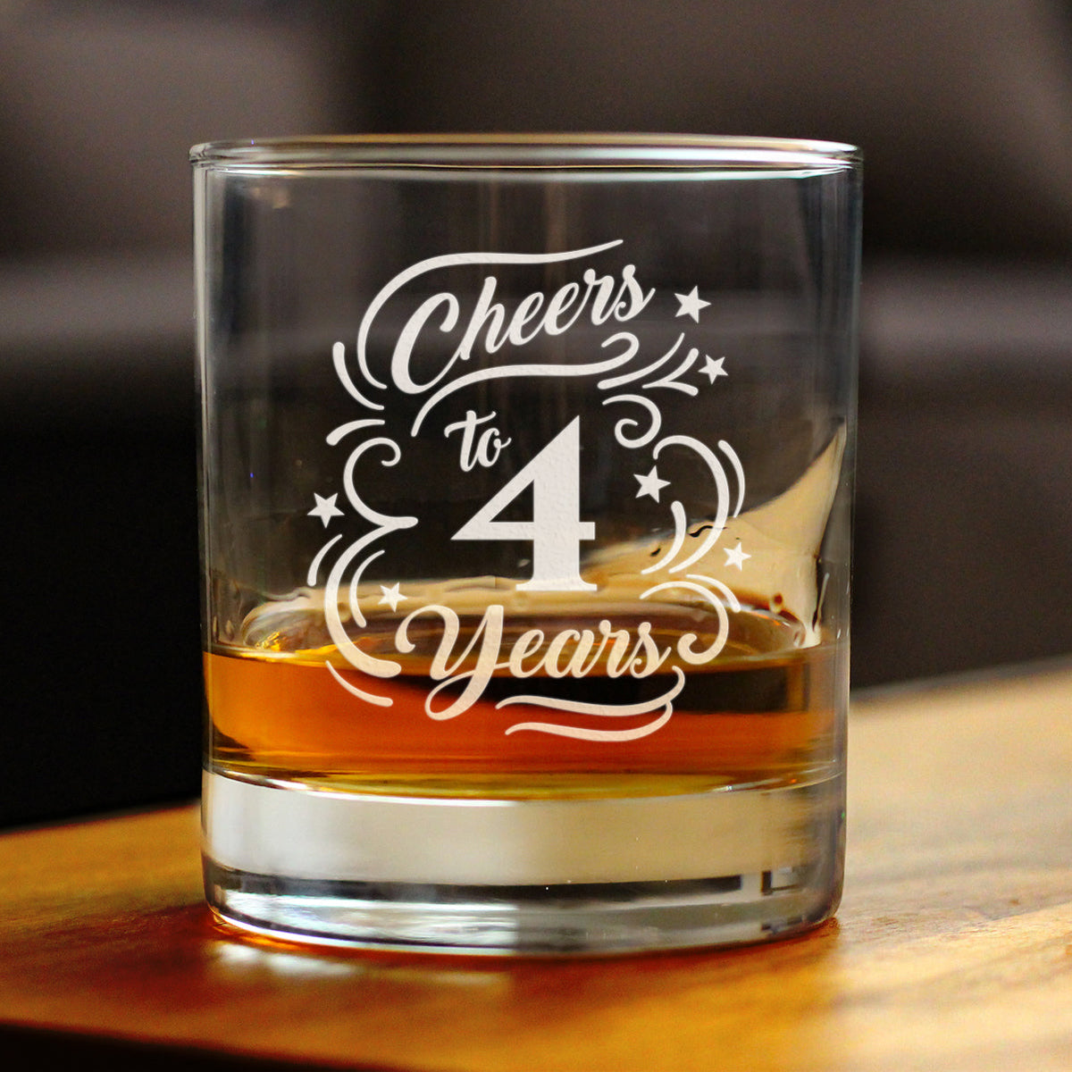 Cheers to 4 Years - Whiskey Rocks Glass Gifts for Women & Men - 4th Anniversary Party Decor - 10.25 Oz Glasses