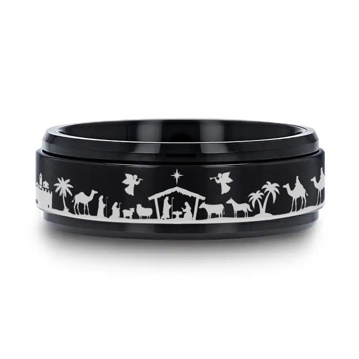 NATIVITY SCENE on Spinning Black Tungsten Carbide Ring