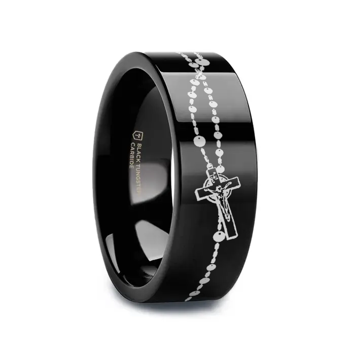 ROSARY on Black Flat Tungsten Carbide Ring