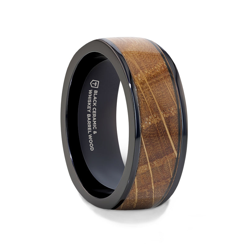 SCOTCH Black Ceramic Ring with Whiskey Barrel Wood Inlay- 8mm