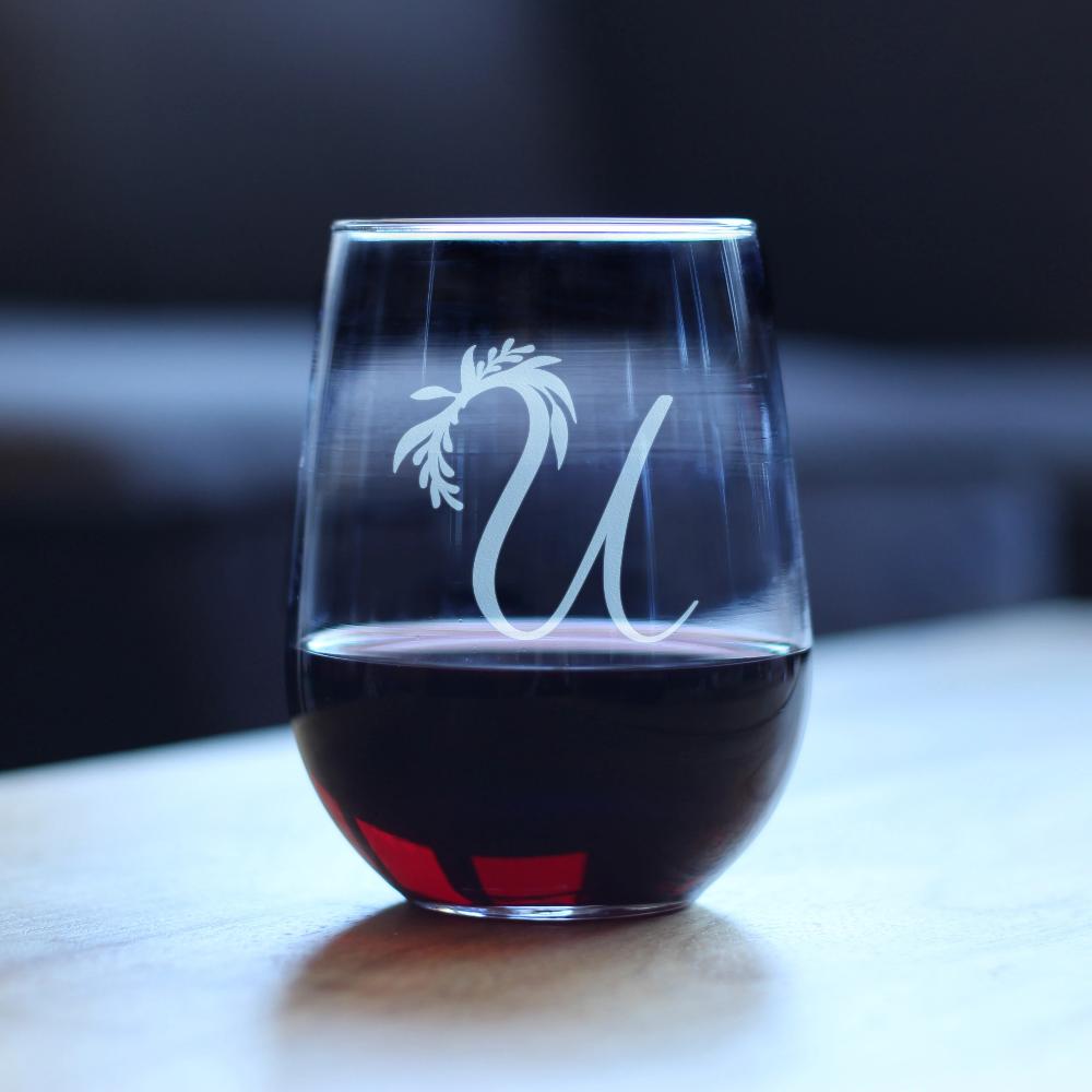 Monogram Floral Letter U - Stemless Wine Glass - Personalized Gifts for Women and Men - Large Engraved 17 Oz Glasses
