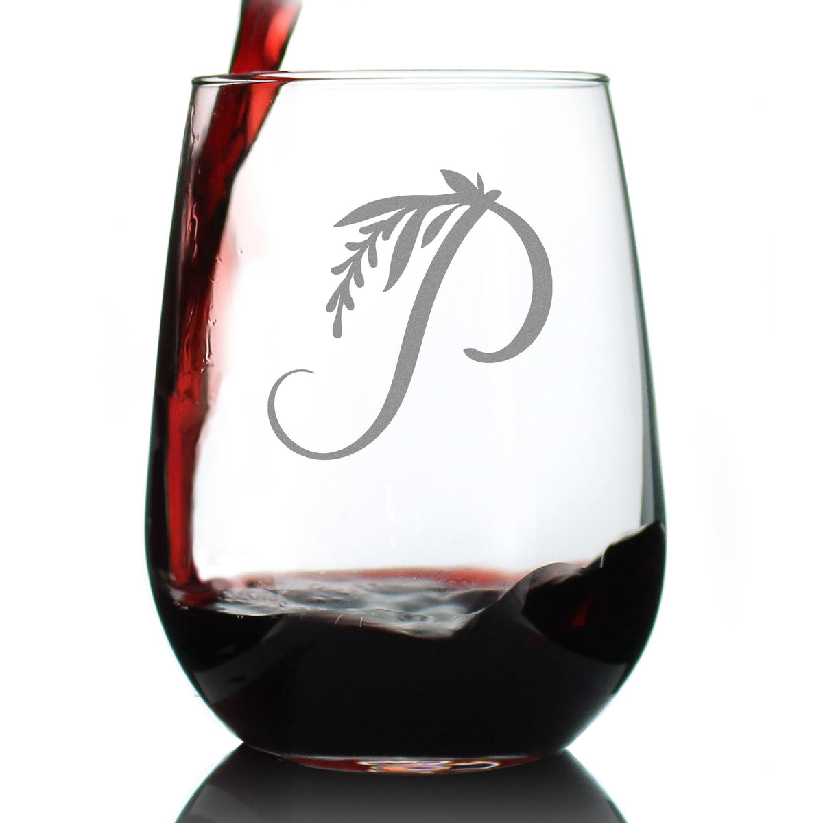 Monogram Floral Letter P - Stemless Wine Glass - Personalized Gifts for Women and Men - Large Engraved Glasses