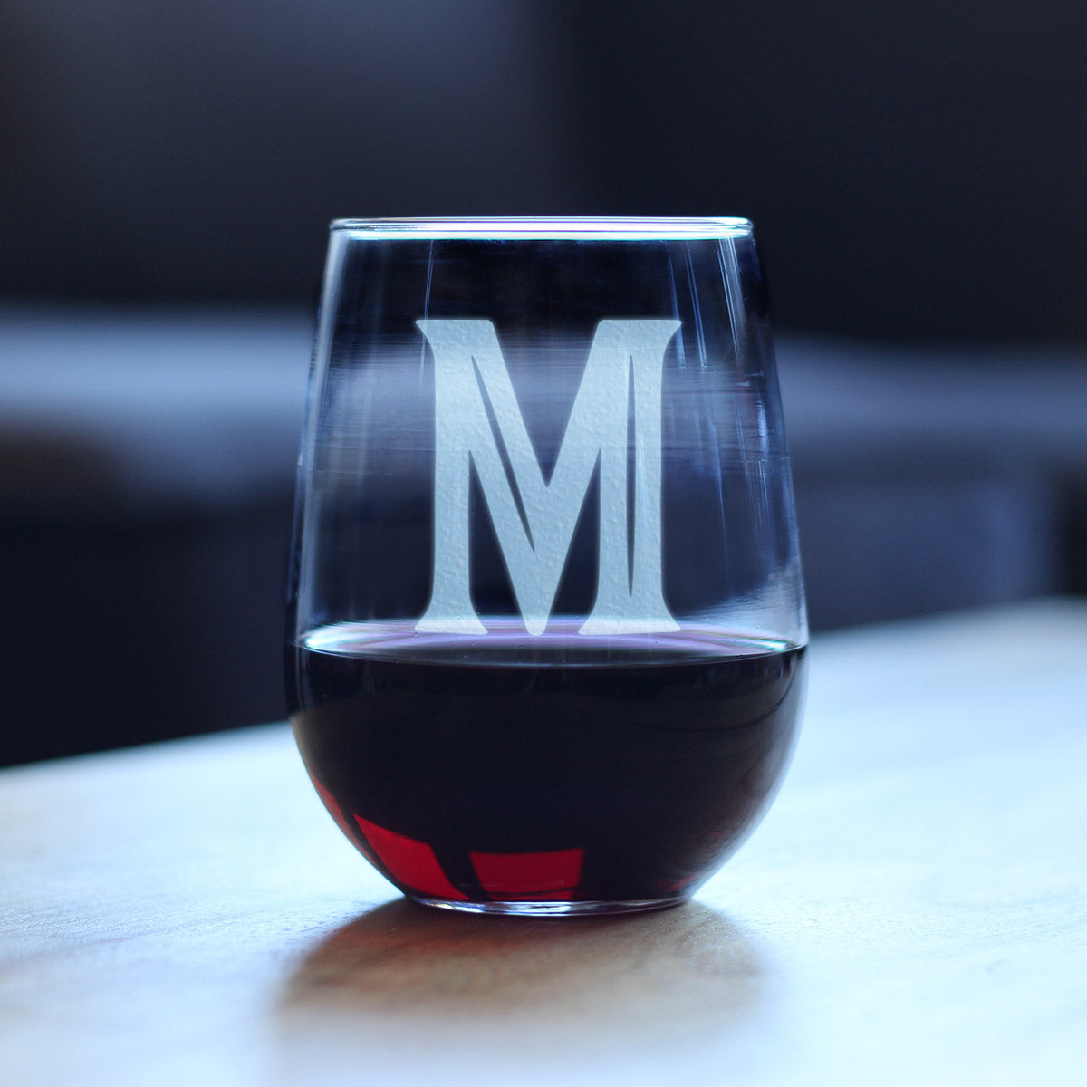 Monogram Bold Letter M - Stemless Wine Glass - Personalized Gifts for Women and Men - Large Engraved Glasses