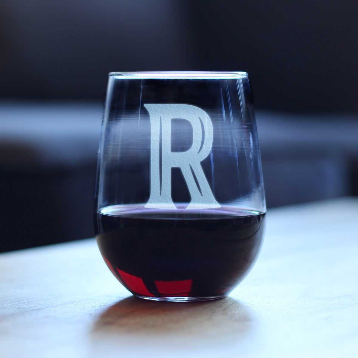 Monogram Bold Letter R - Stemless Wine Glass - Personalized Gifts for Women and Men - Large Engraved Glasses