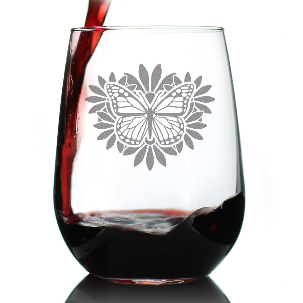 Monarch Butterfly Stemless Wine Glass - Floral Decor and Outdoorsy Gifts for Gardeners - Large 17 Oz Glasses