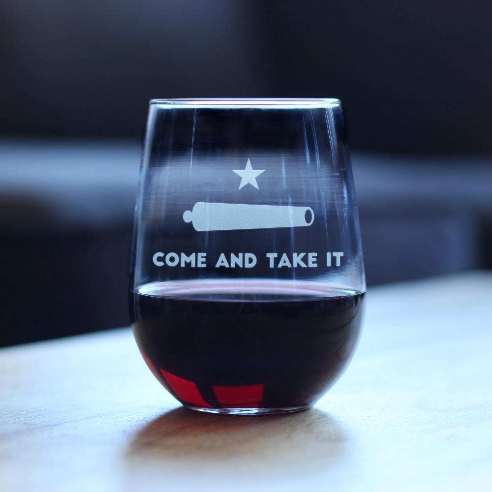 Come and Take It Texas Flag Stemless Wine Glass - Large 17 oz - Unique Engraved Glassware Art Gifts for Texans