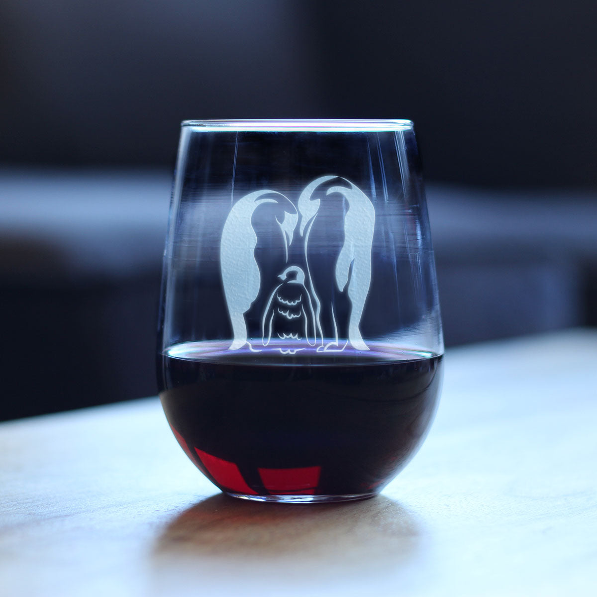 Penguin Family - Stemless Wine Glass - Mom, Dad, Baby Penguin Themed Gifts and Decor - Large 17 oz