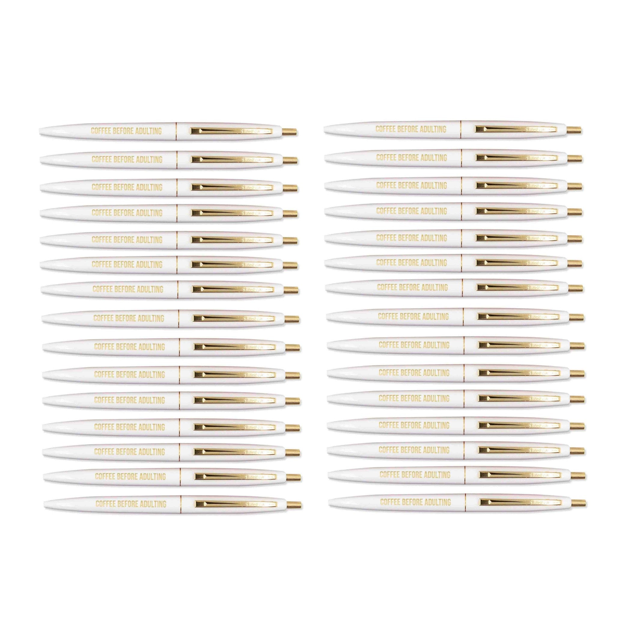 Set of 30 Coffee Before Adulting White Pens with Gold Lettering and Accents