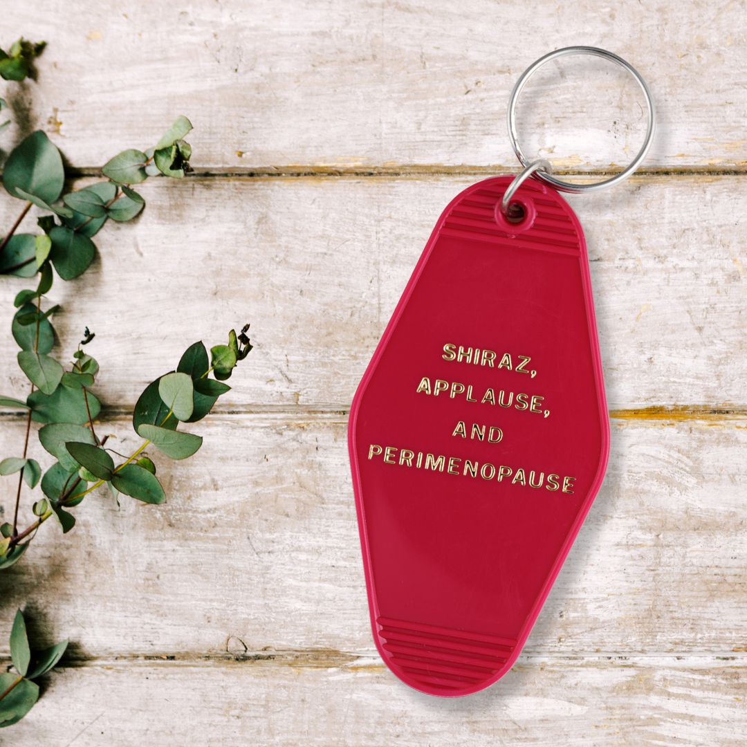 Shiraz Applause and Perimenopause Motel Keychain in Hot Flash Red | Generation X Elder Millennial Humor