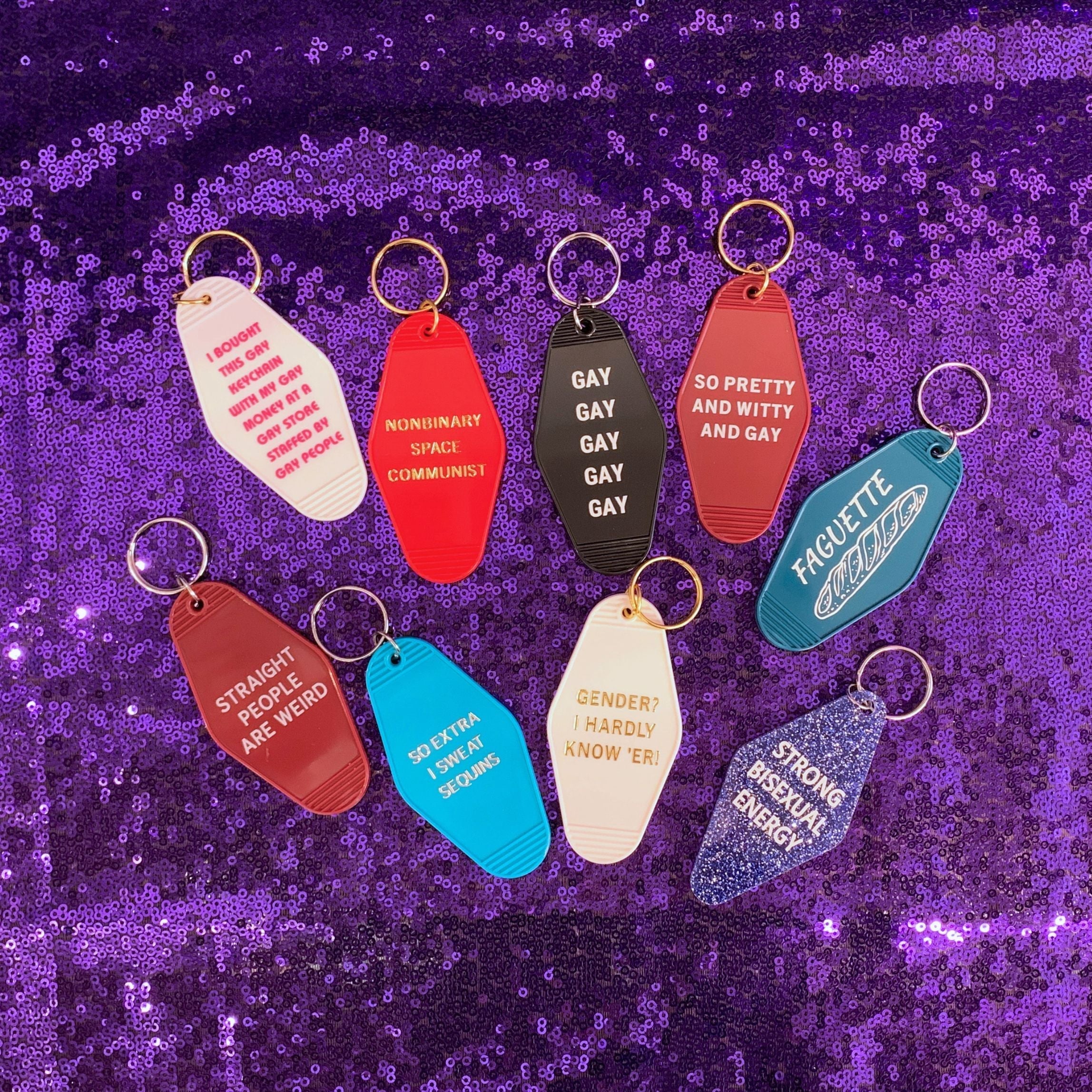 Straight People Are Weird Motel Style Keychain in Dark Red | LGBTQIA Pride Item