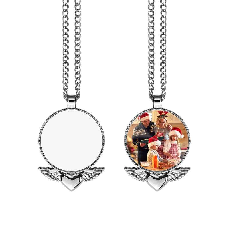 Sublimation Photo Round Necklace Blanks with Wings Below Pendant Ornament