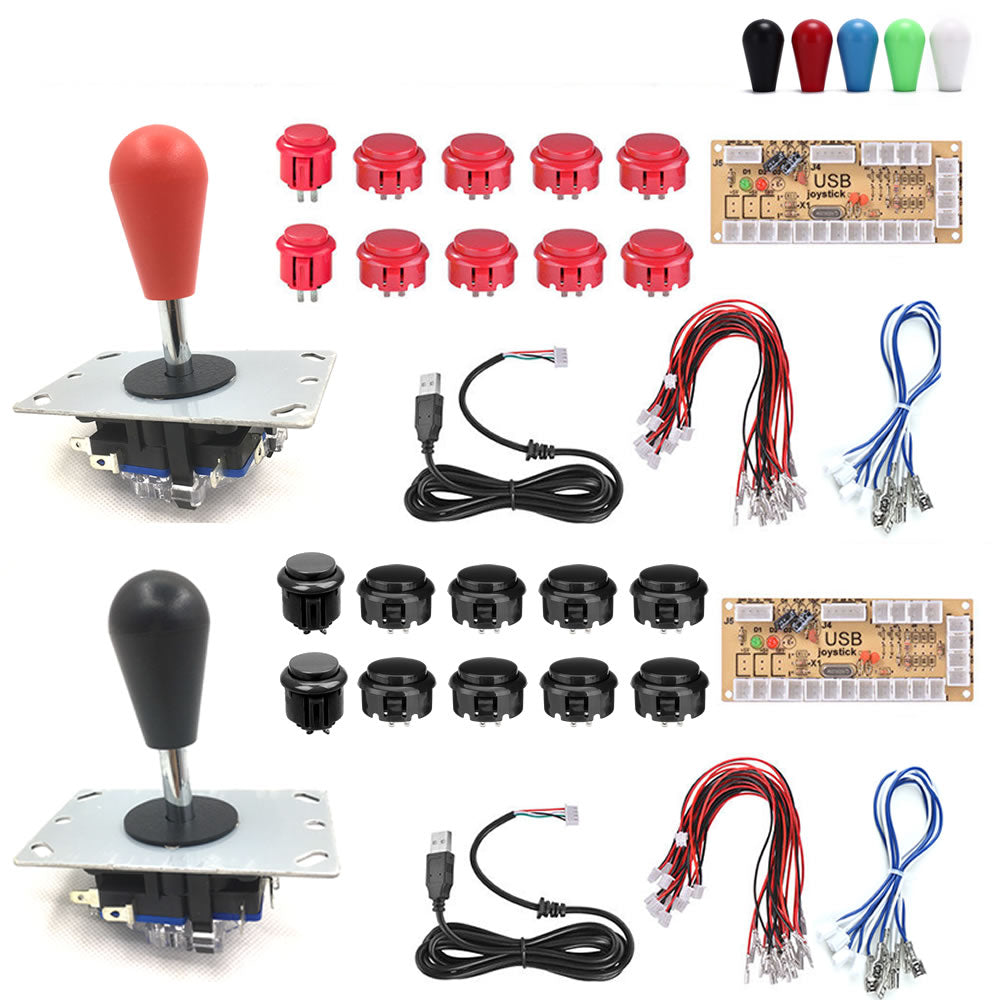 2 Players DIY Arcade Joystick 2Pin Cable 24/30mm Buttons USB Encoder Oval Ball Top