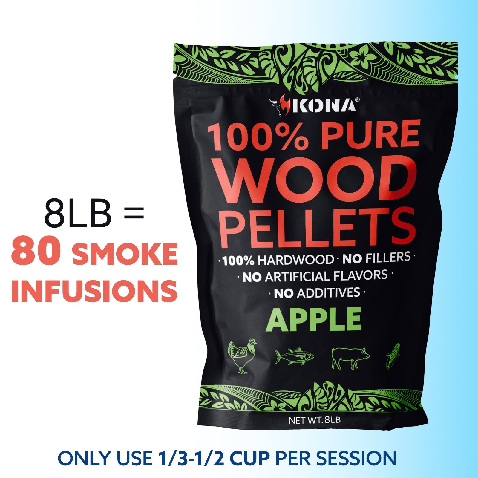 Kona 100% Apple Wood Pellets - Grilling, BBQ & Smoking - Concentrated Pure Hardwood - Mellow Smoke