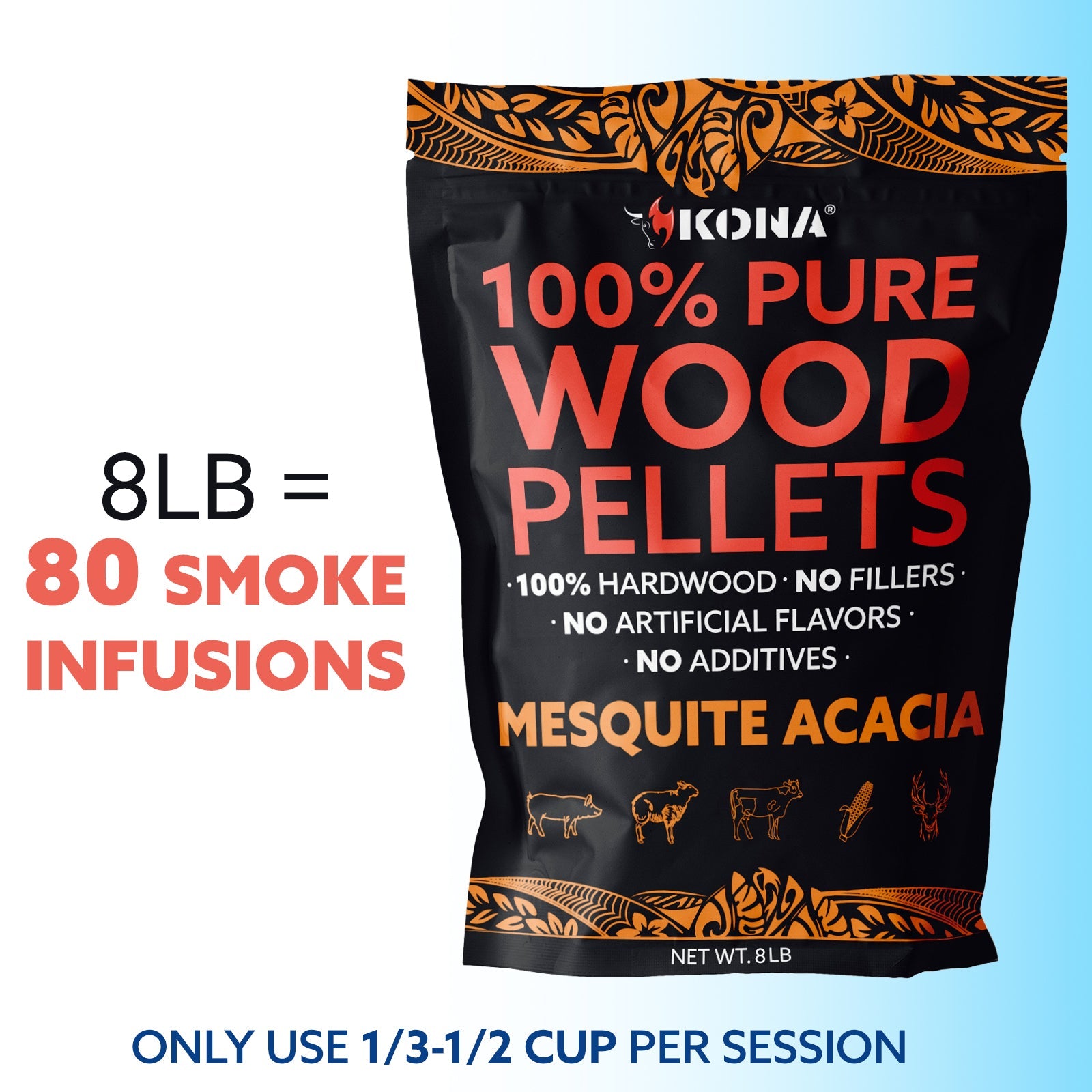 Kona 100% Mesquite Acacia Wood Pellets - Grilling, BBQ & Smoking - Concentrated Pure Hardwood - Bold Smoke