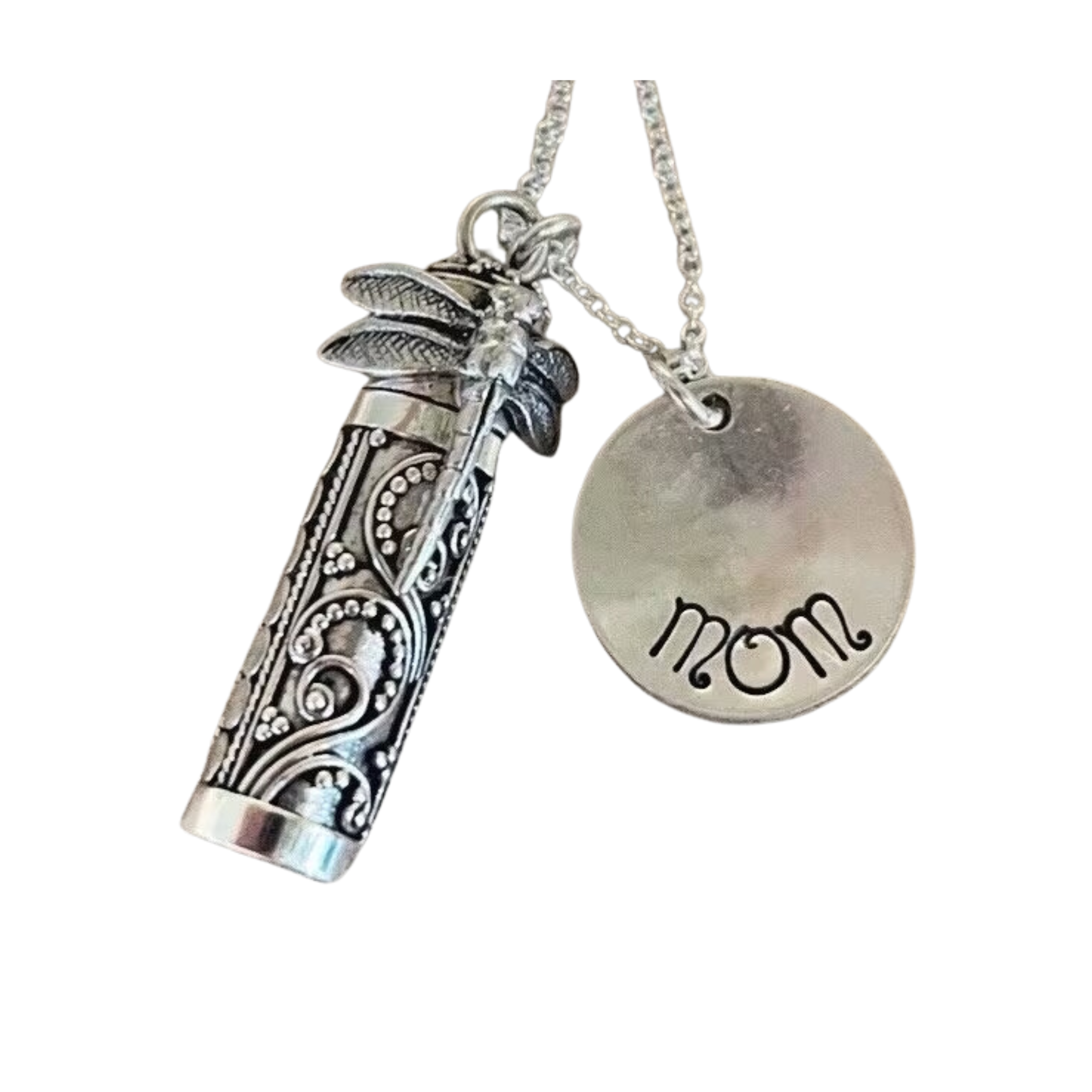 Dragonfly Dried Flowers Keepsake Container Display Memorial Sterling Jewelry Ashes Necklace CREMATION URN Pendant with custom necklace display by Weathered Raindrop