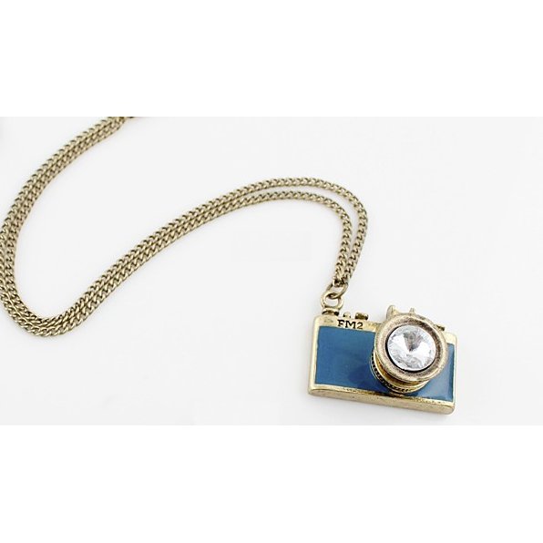 Vintage Camera Necklace in Teal | Antique Brass Long Chain | Gift Box