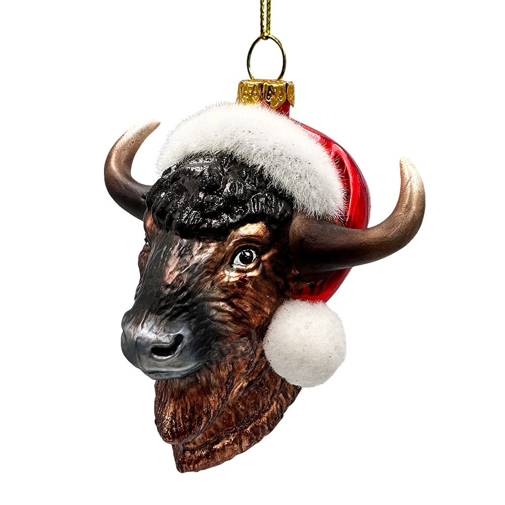 Festive Bison Glass Christmas Ornament, Buffalo Western Bovine Animal