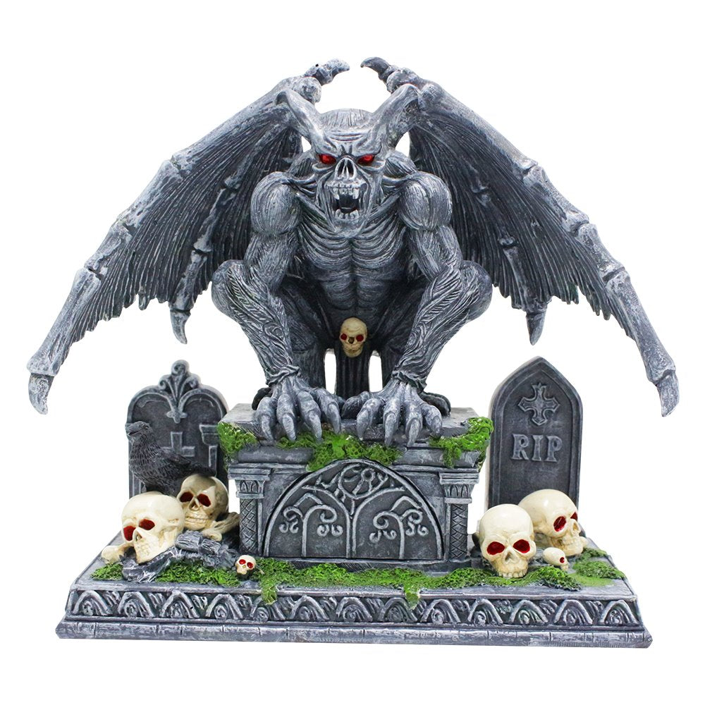 Grave Guardian Gargoyle Figurine, 7" Solar Powered Gothic Halloween Garden Statue