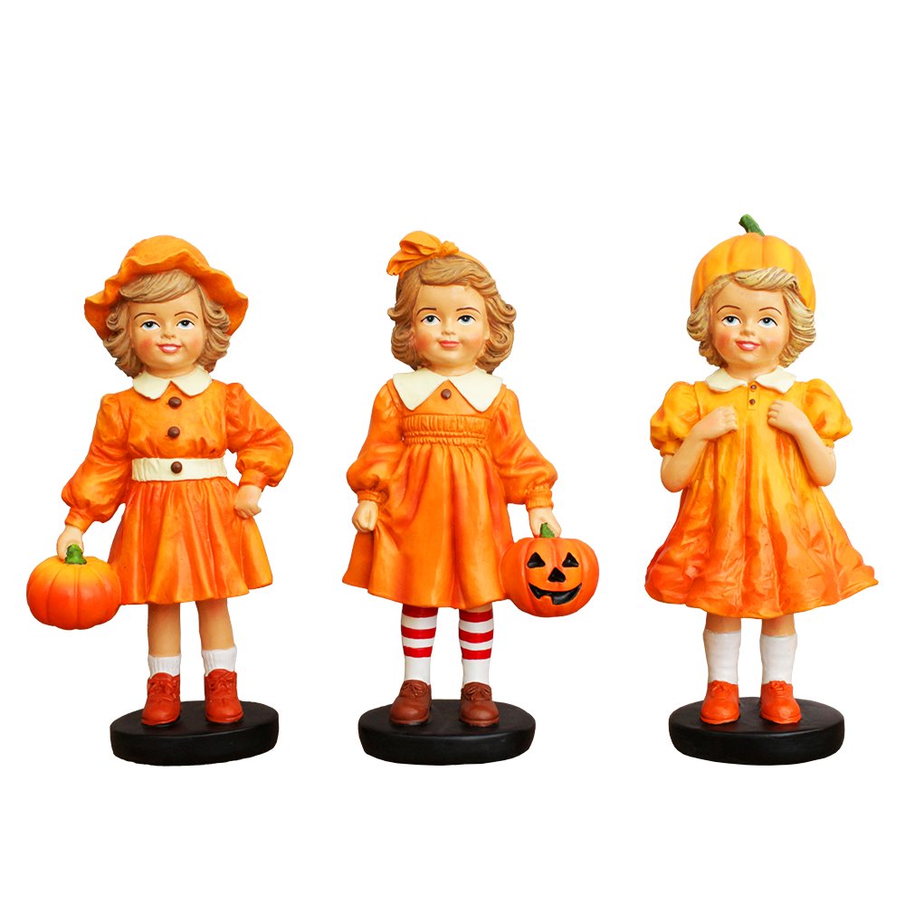 Inviting Pumpkin Girl Trio Set of Figurines, 6" Victorian Autumn Fall and Halloween Table Decoration