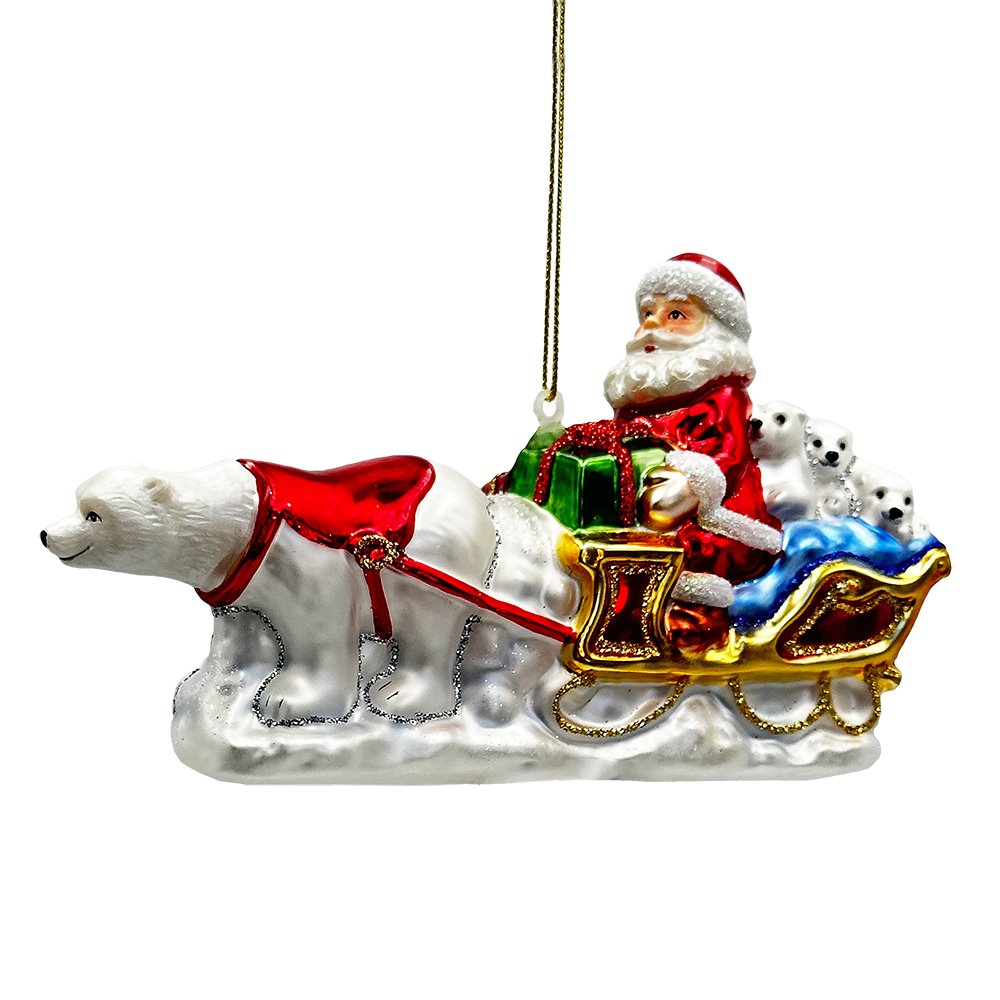 (Pre-Order) Polar Bear Santa Sleigh Glass Christmas Ornament, Exquisite Handblown Tree Decor