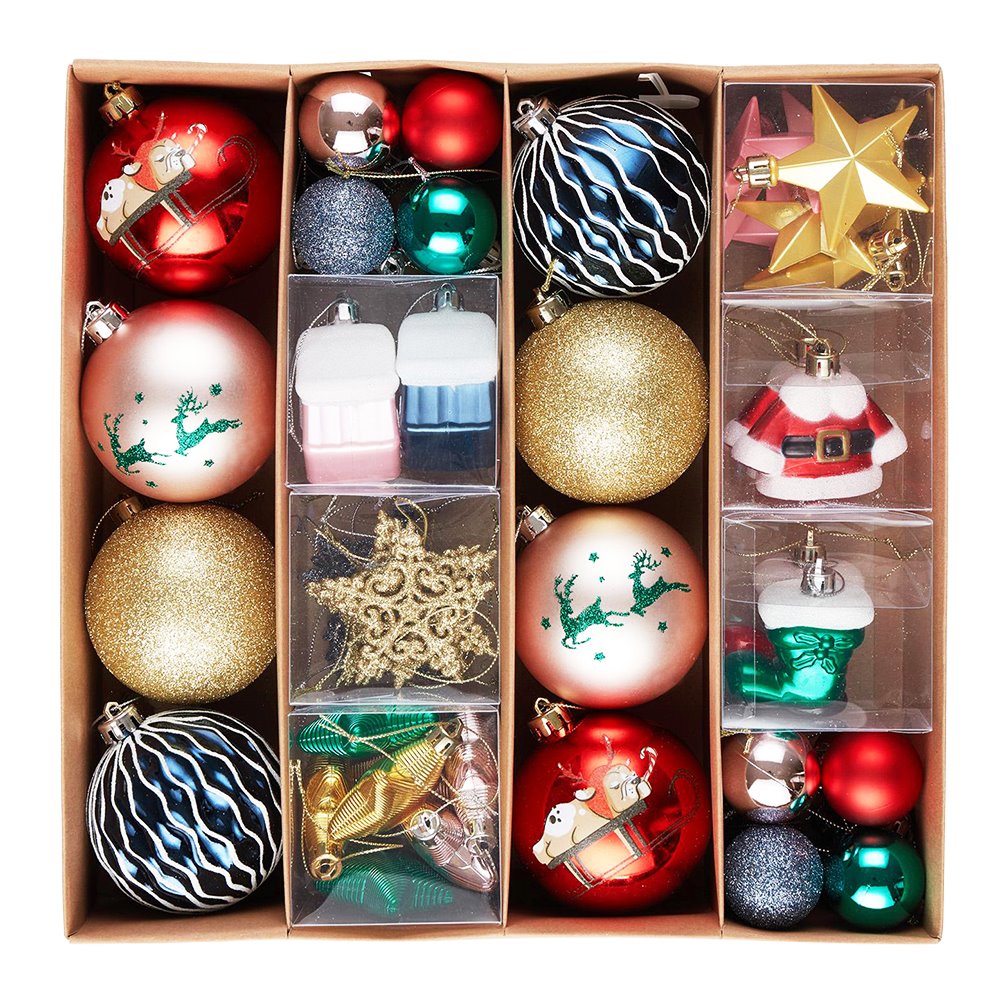 Premium Christmas Ornament Eclectic Bundle Set, 60 Glitter Filled Baubles, Homes, Star Charms