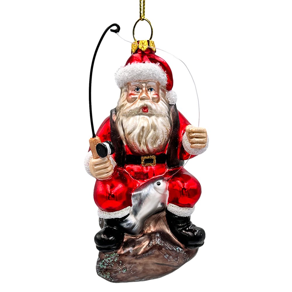 (Pre-Order) Relaxing Santa Claus Fishing Ornament, Hand Blown Glass Fisherman Gift Decor