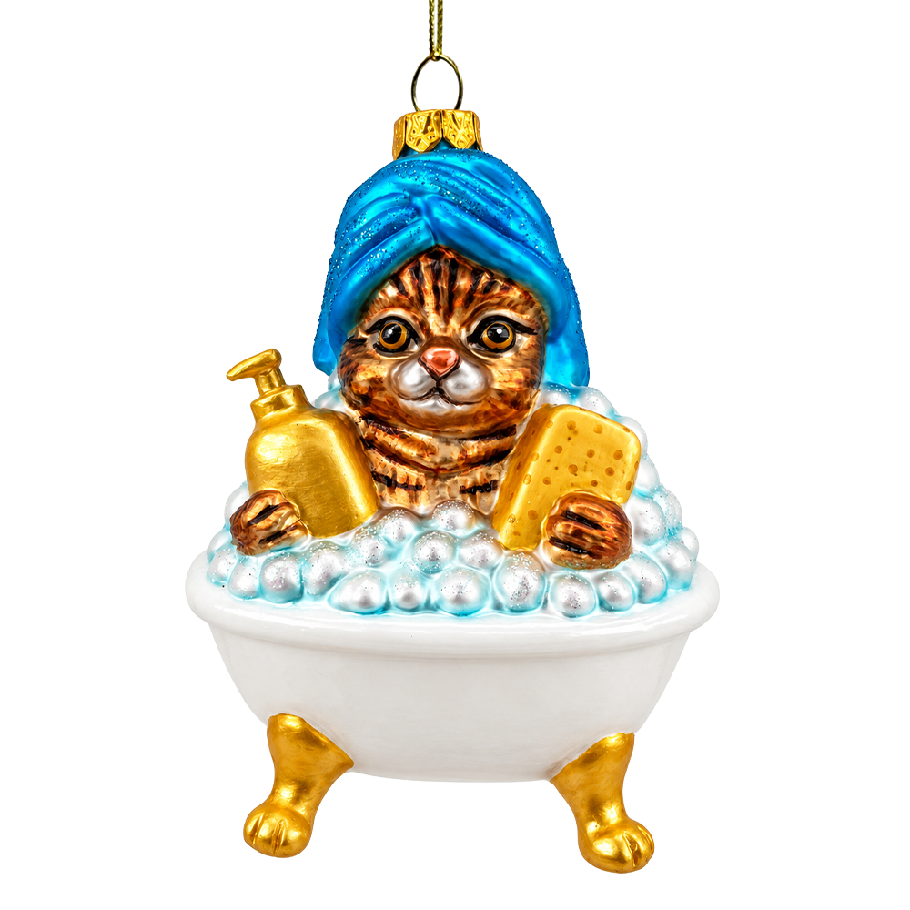 (PRE-ORDER) Spa Cat in Bubble Bath Glass Christmas Ornament, Funny Pampered Kitty Bathroom Holiday Tree Decor