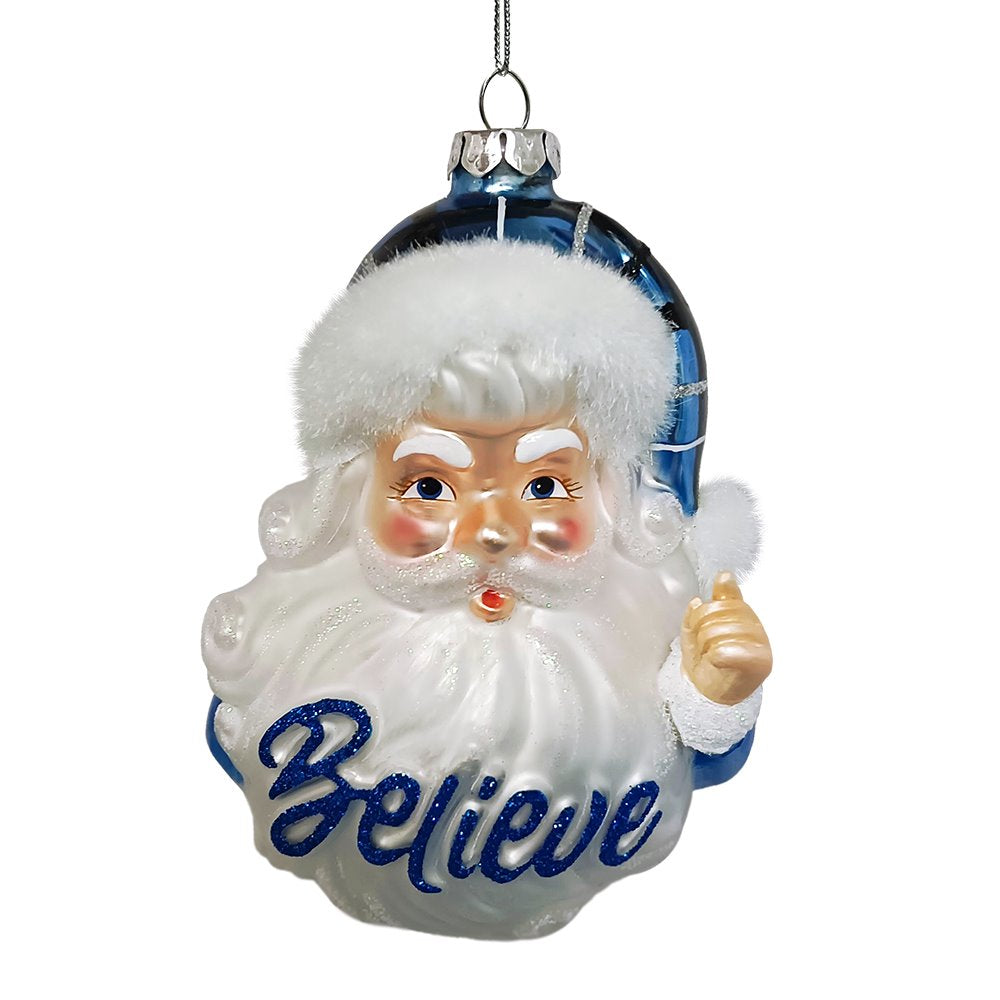 Vintage Blue Santa Believe Glass Christmas Ornament