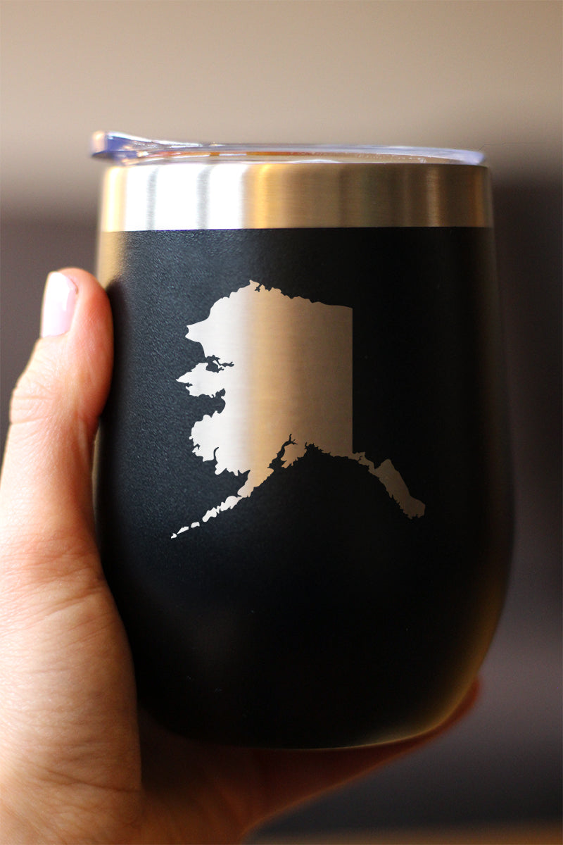 Alaska State Outline - Wine Tumbler Glass with Sliding Lid - Stainless Steel Travel Mug - Alaska Gifts and Decor for Women and Men Alaskans