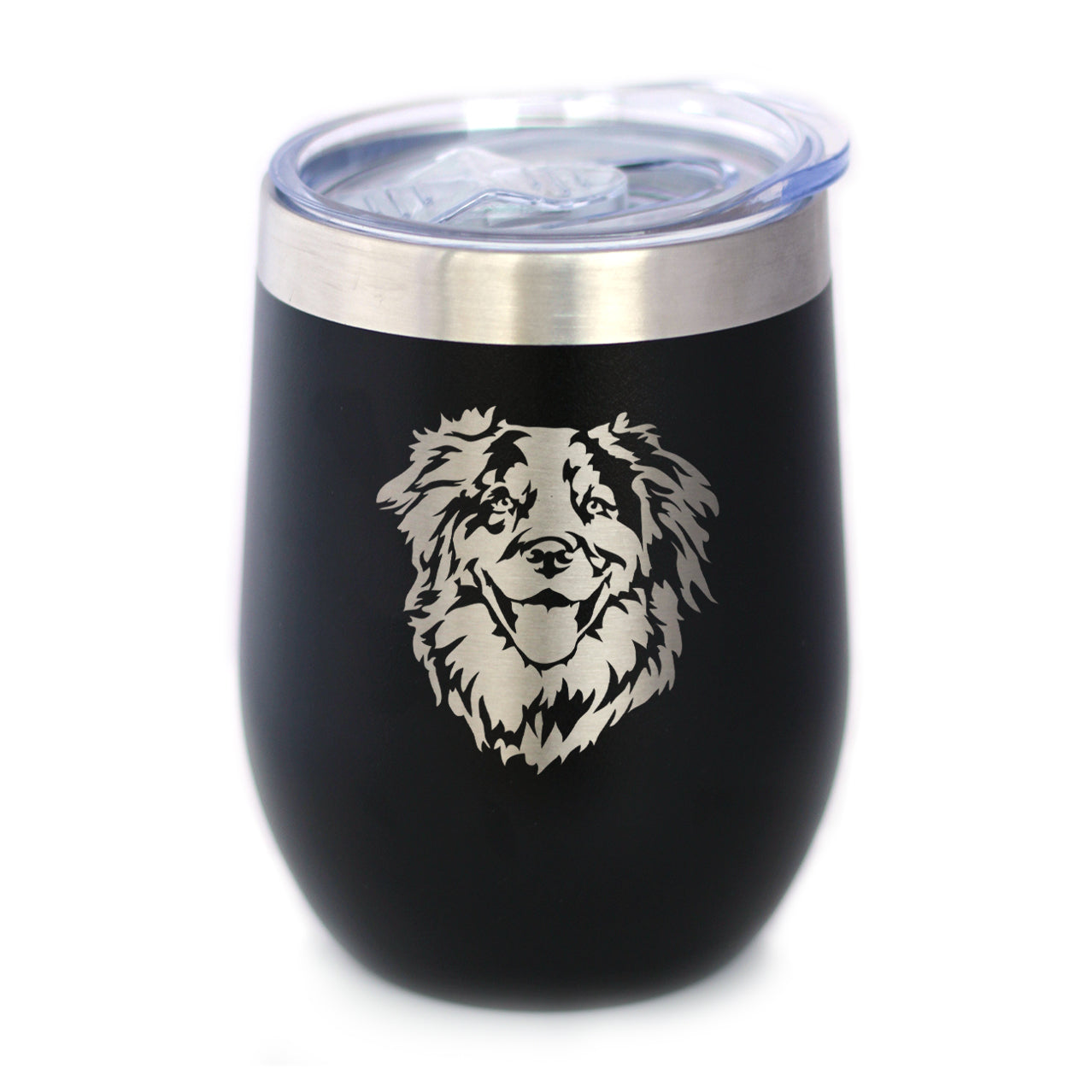 Australian Shepherd Face - Wine Tumbler Glass with Sliding Lid - Stainless Steel Insulated Mug - Unique Dog Gifts for Moms & Dads of Aussies