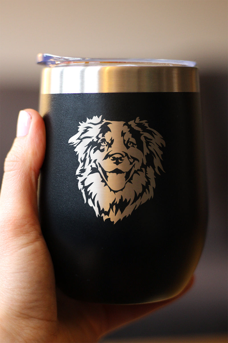 Australian Shepherd Face - Wine Tumbler Glass with Sliding Lid - Stainless Steel Insulated Mug - Unique Dog Gifts for Moms & Dads of Aussies