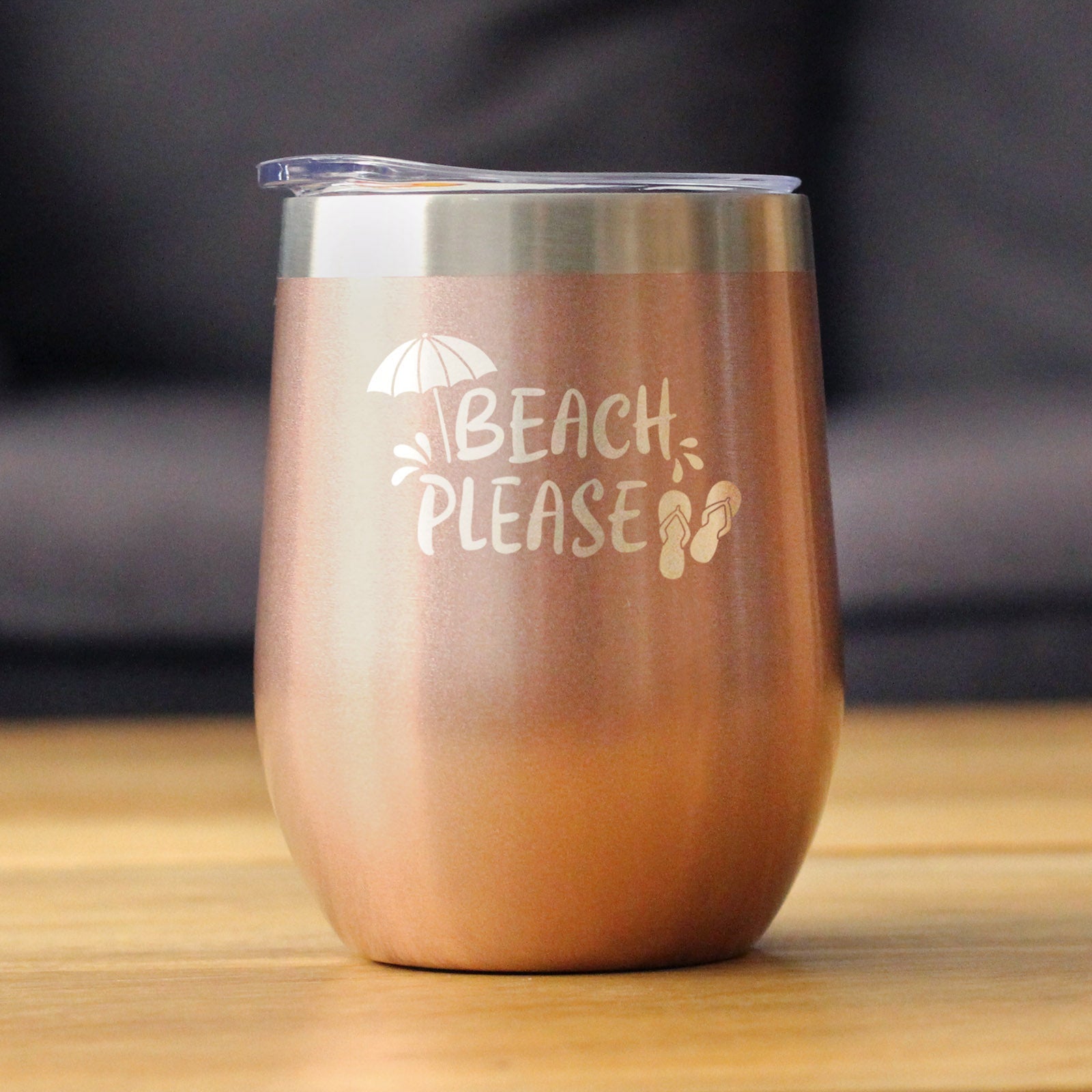 Beach Please - Travel Wine Tumbler with Sliding Lid - Stemless Stainless Steel Insulated Cup - Cute Funny Outdoor Camping Gift