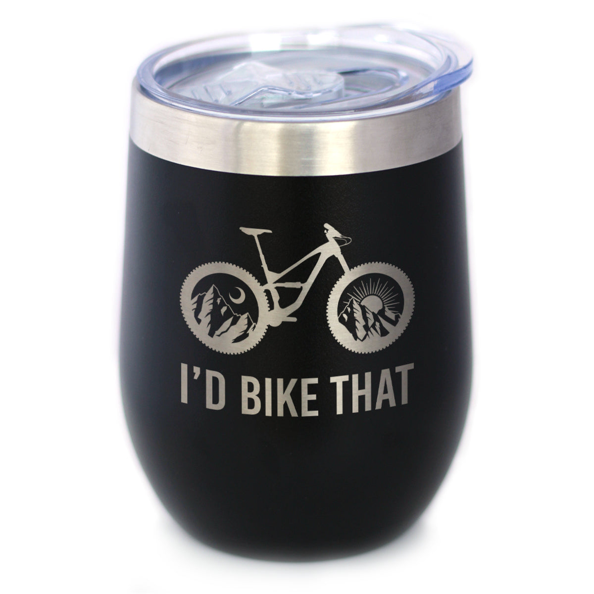 I'd Bike That - Wine Tumbler Glass with Sliding Lid - Stainless Steel Insulated Mug - Cool Bicycle Themed Decor & Gifts for Mountain Bikers