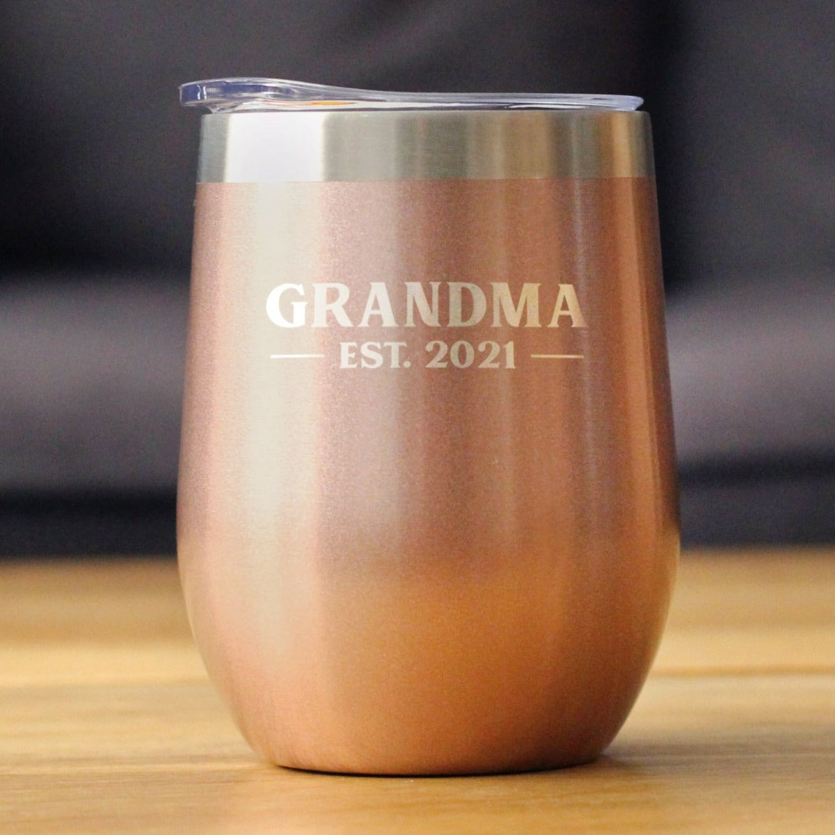 Grandma Est 2021 - Wine Tumbler with Sliding Lid - Stemless Stainless Steel Insulated Mug - Bold Outdoor Camping Gift