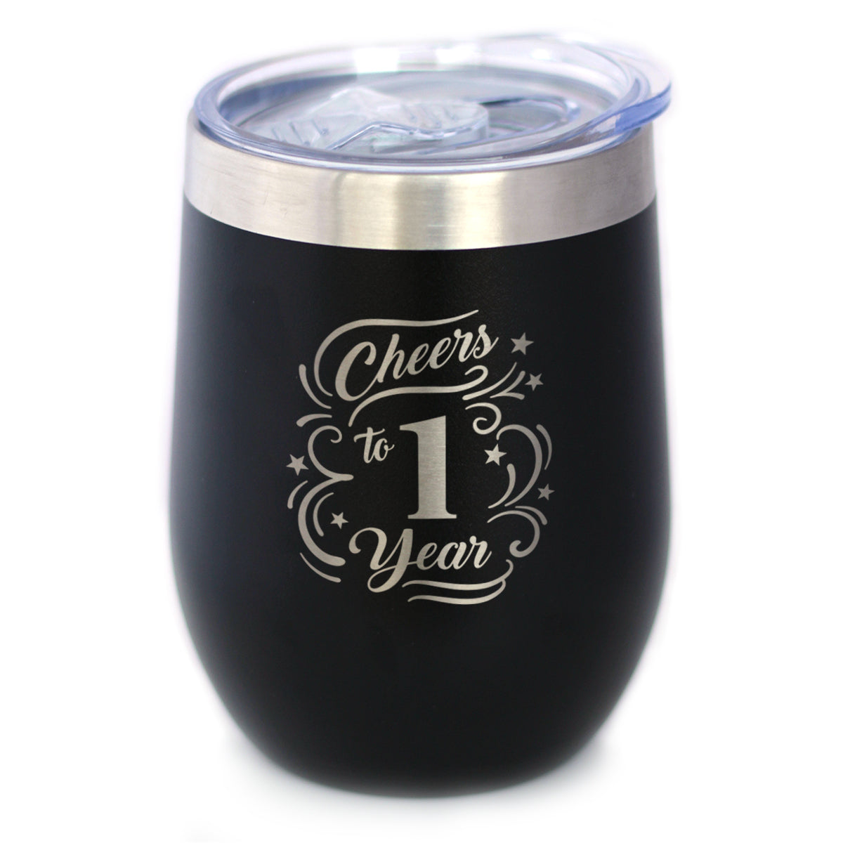 Cheers to 1 Year - Wine Tumbler Glass with Sliding Lid - Stainless Steel Insulated Mug - 1st Anniversary Gifts and Party Decor