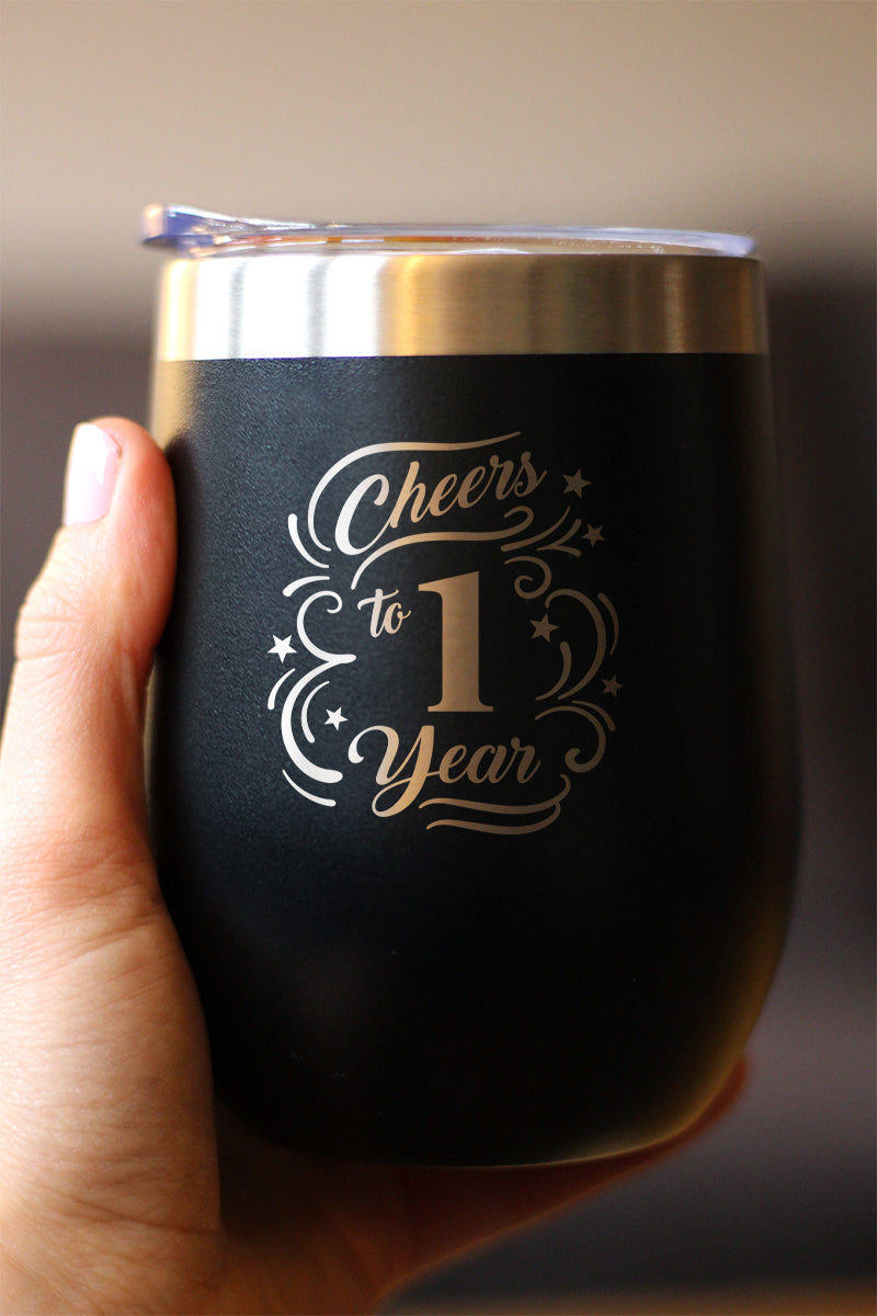 Cheers to 1 Year - Wine Tumbler Glass with Sliding Lid - Stainless Steel Insulated Mug - 1st Anniversary Gifts and Party Decor