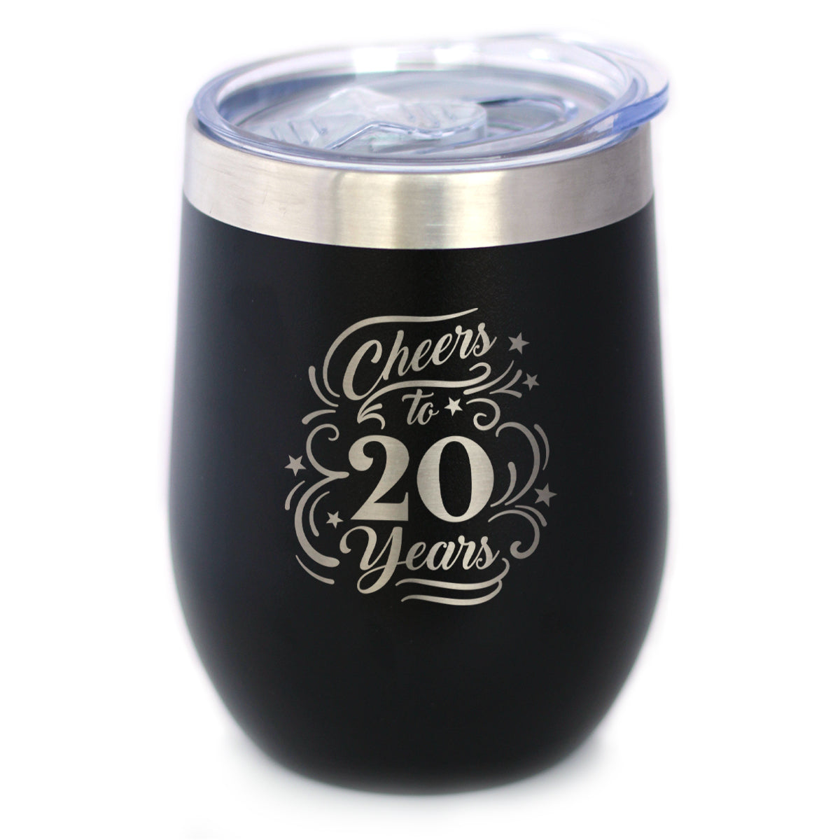 Cheers to 20 Years - Wine Tumbler Glass with Sliding Lid - Stainless Steel Insulated Mug - 20th Anniversary Gifts and Party Decor