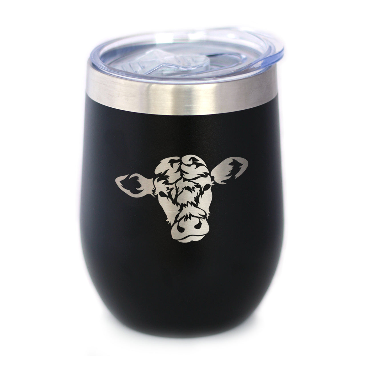 Cow Face - Wine Tumbler Glass with Sliding Lid - Stainless Steel Insulated Mug - Cow Gift for Women and Men