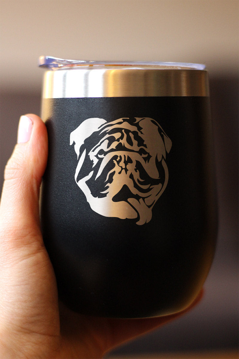 Bulldog Wine Tumbler with Sliding Lid - Stemless Stainless Steel Insulated Cup - English Bulldogs Outdoor Camping Mug