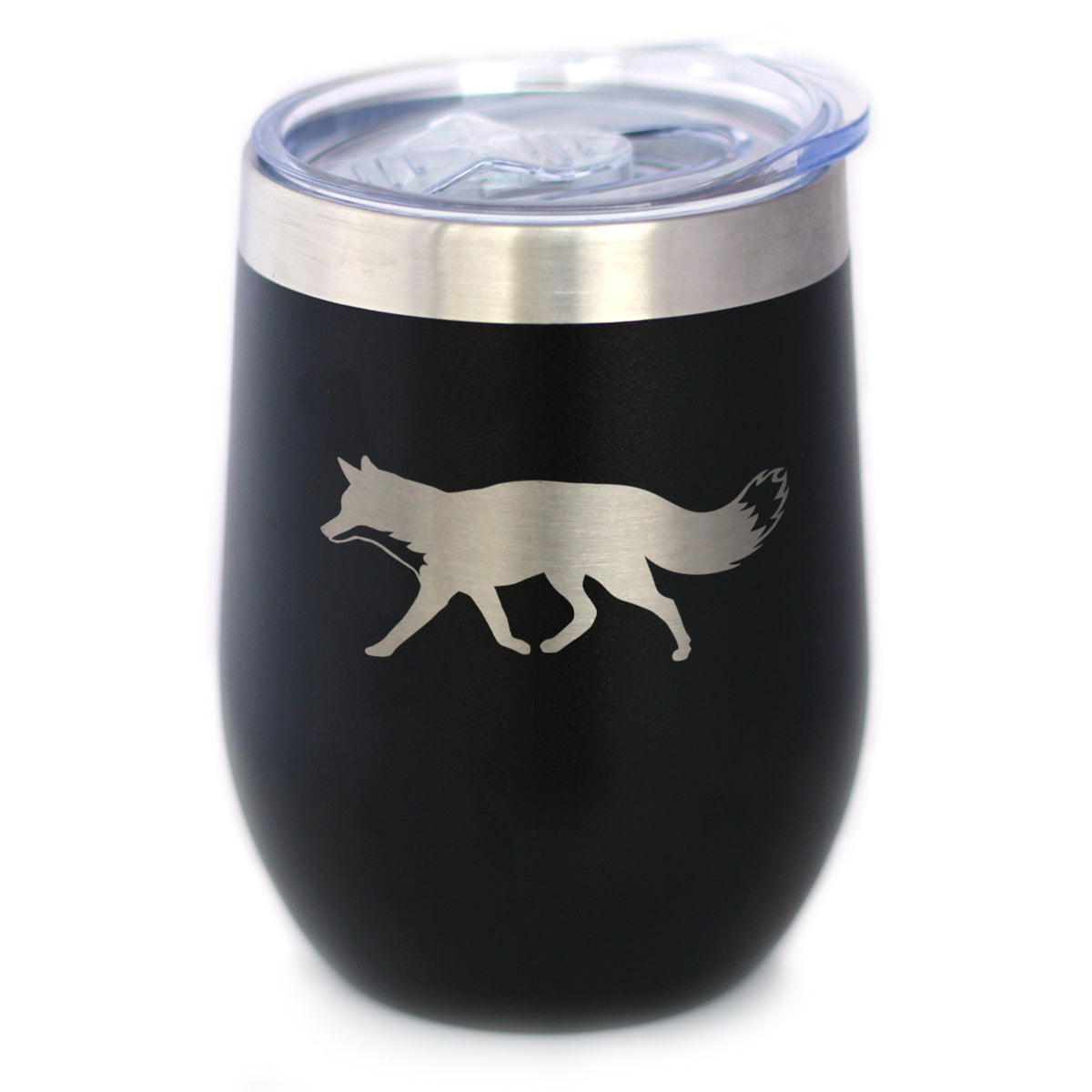 Fox Silhouette - Wine Tumbler with Sliding Lid - Stemless Stainless Steel Insulated Cup - Cute Cabin Themed Gifts or Rustic Decor